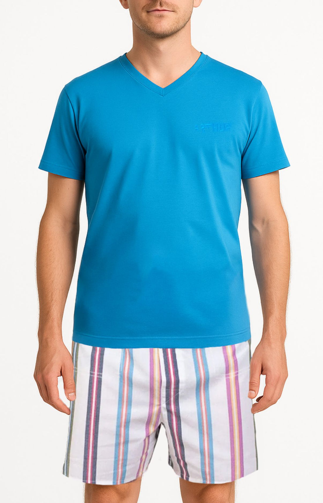 Pyjashort homme tee-shirt bleu et short rayures multicolore 1
