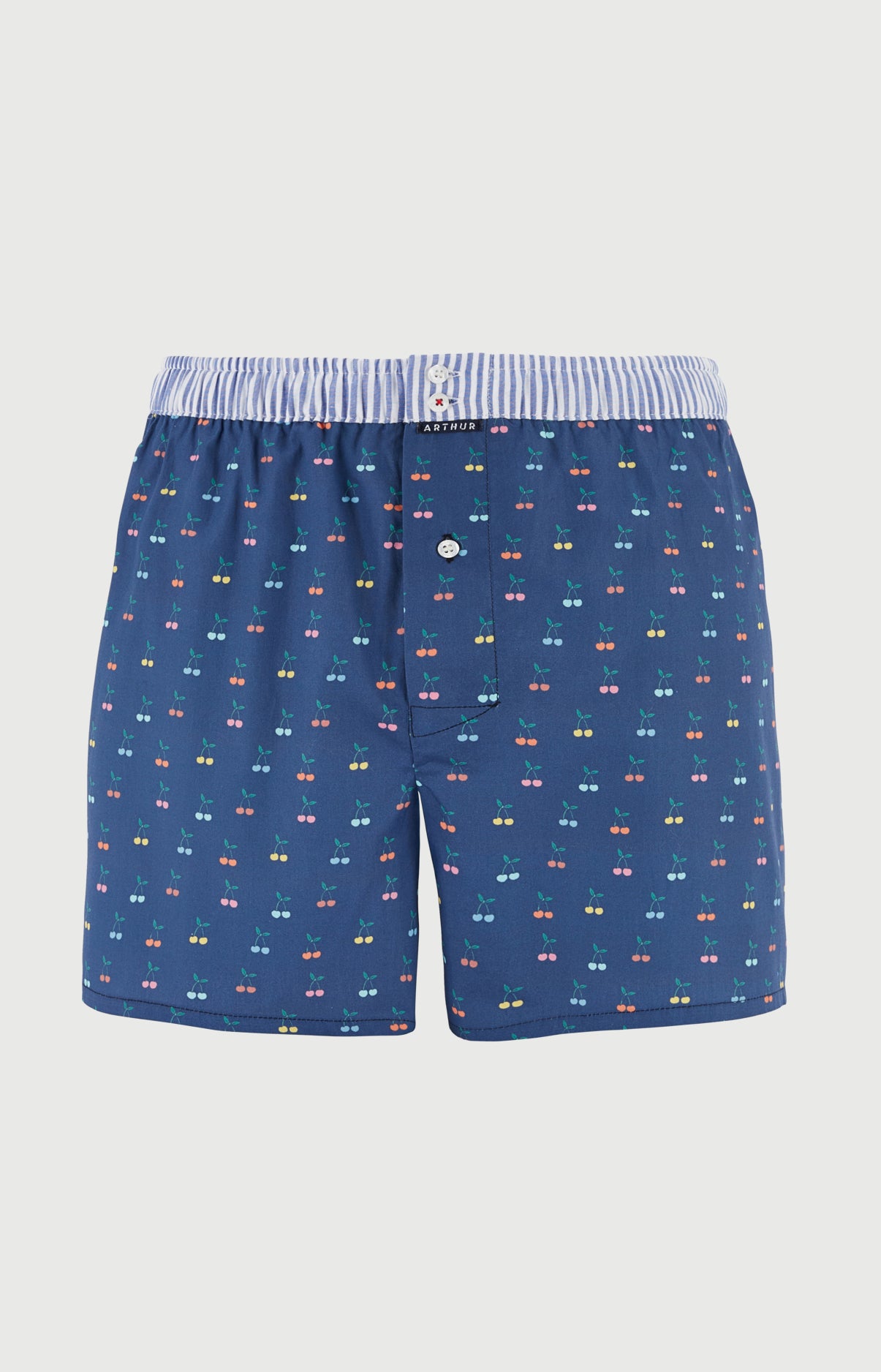 Caleçon avec suspensoir Le Club n°1202 Imprimé cerises multicolores élastique rayé bleu et blanc 3