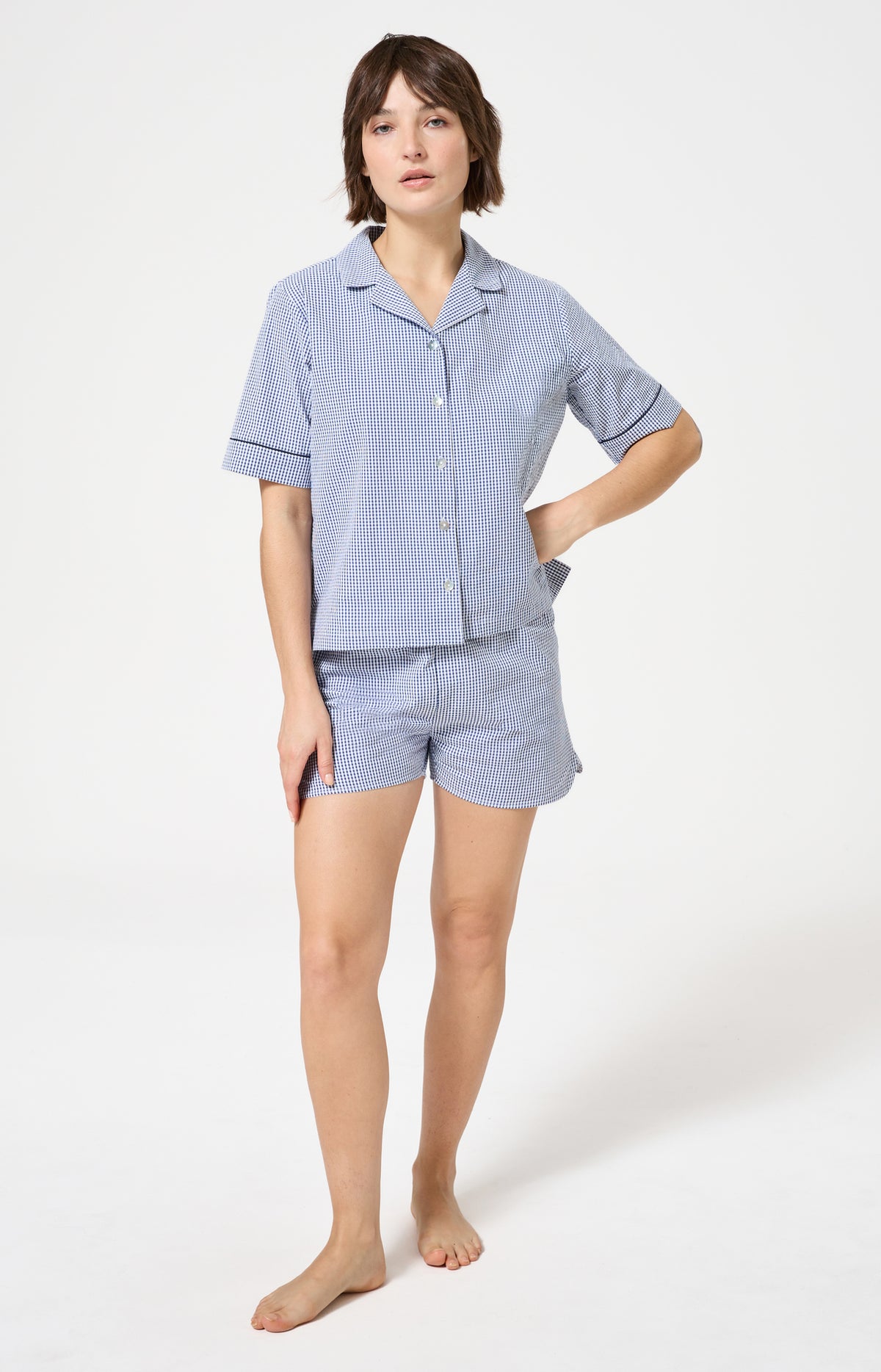 Pyjama Femme Vera Manches courtes Imprimé petits carreaux bleu et blanc 1
