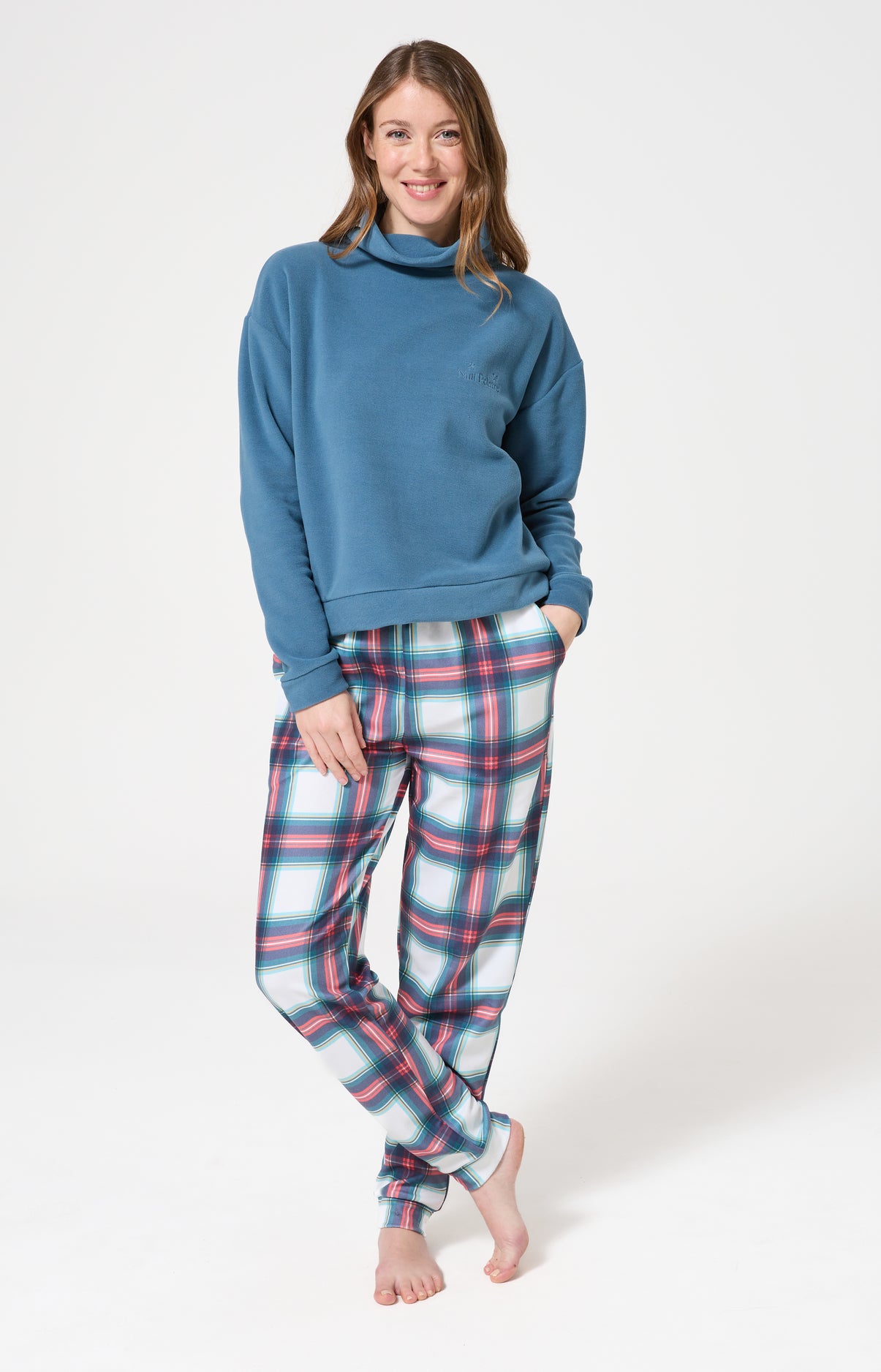 Pyjama polaire femme tartan bleu canard 1