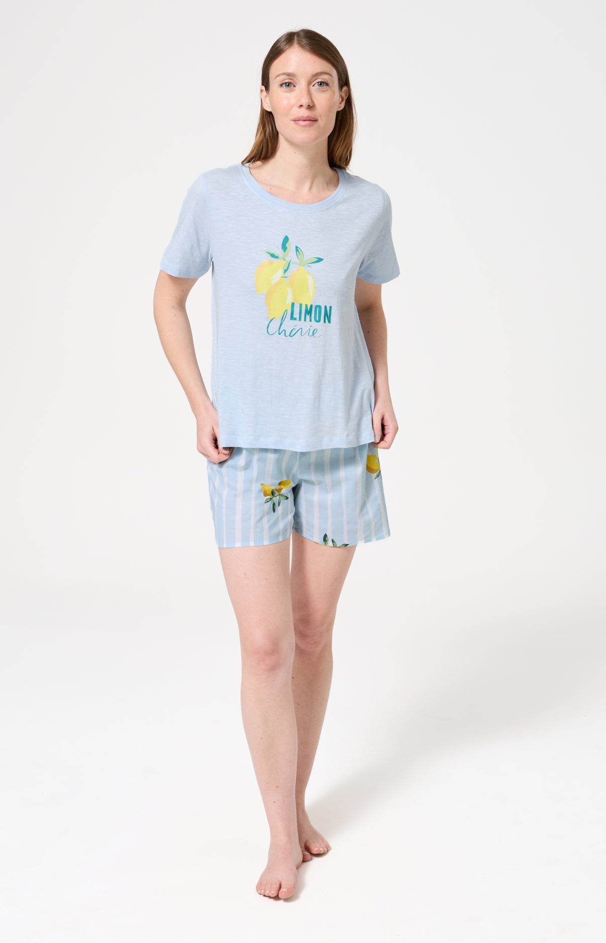 Pyjama Femme Lemon chérie Manches courtes Imprimé citrons jaunes et verts 1