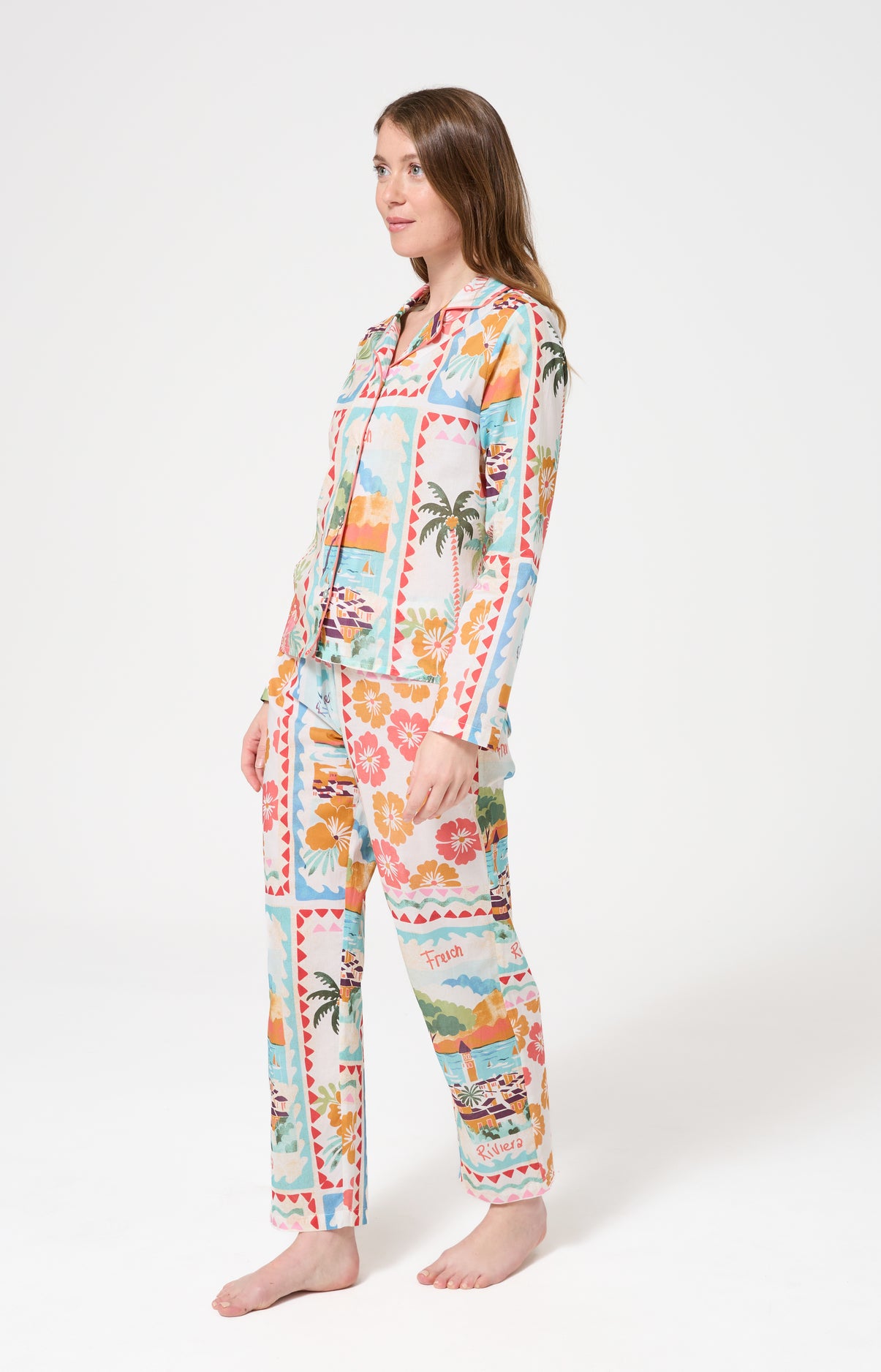 Pyjama Femme French Riviera Manches longues Imprimé carte postale et fleurs multicolores 4