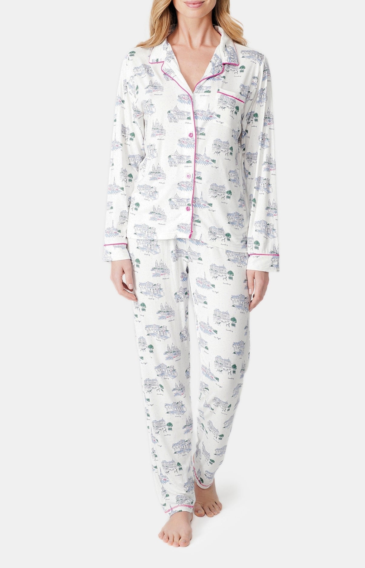 Pyjama long boutonné Femme Paris mon amour Blanc et Ivoire 1