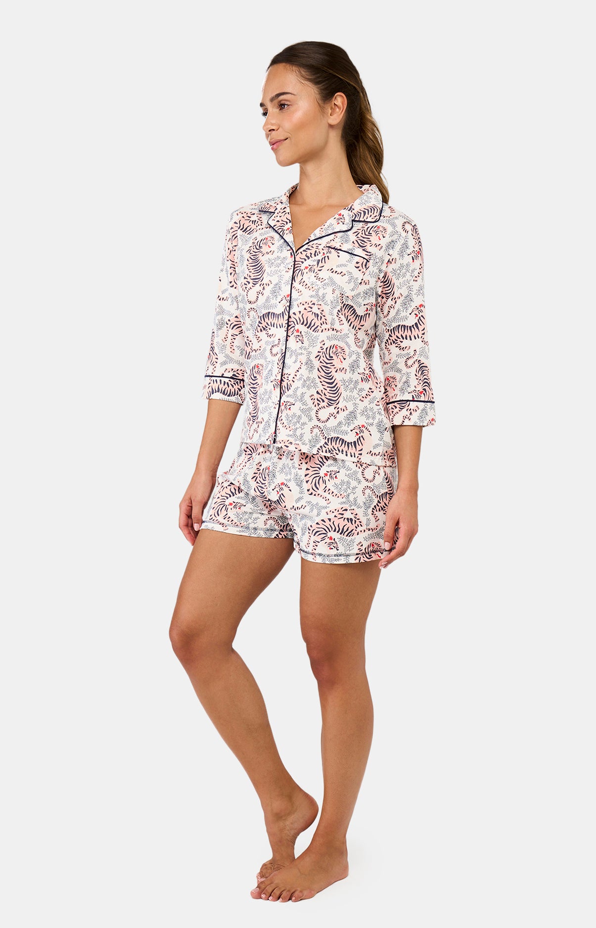 White Tiger Print Short Button-Up Pyjamas Women's Short Pyjamas