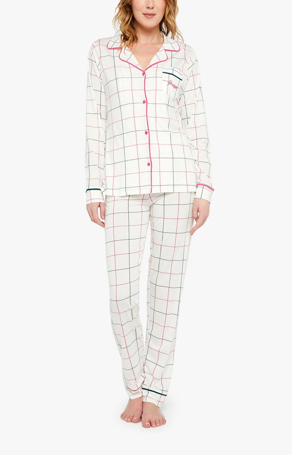 Pyjama long boutonné Femme Carreaux Lila Blanc et Ivoire 1