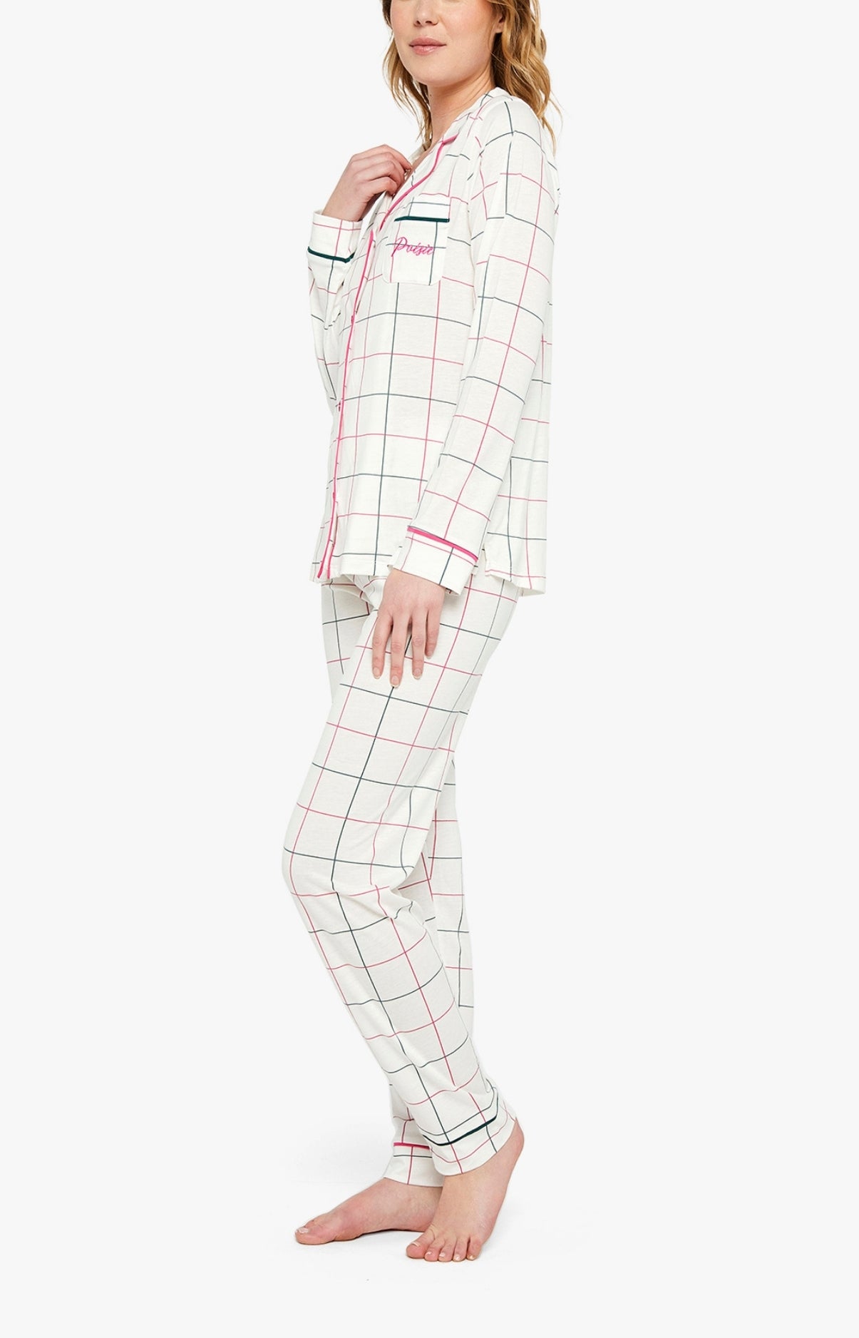 Pyjama long boutonné Femme Carreaux Lila Blanc et Ivoire 2