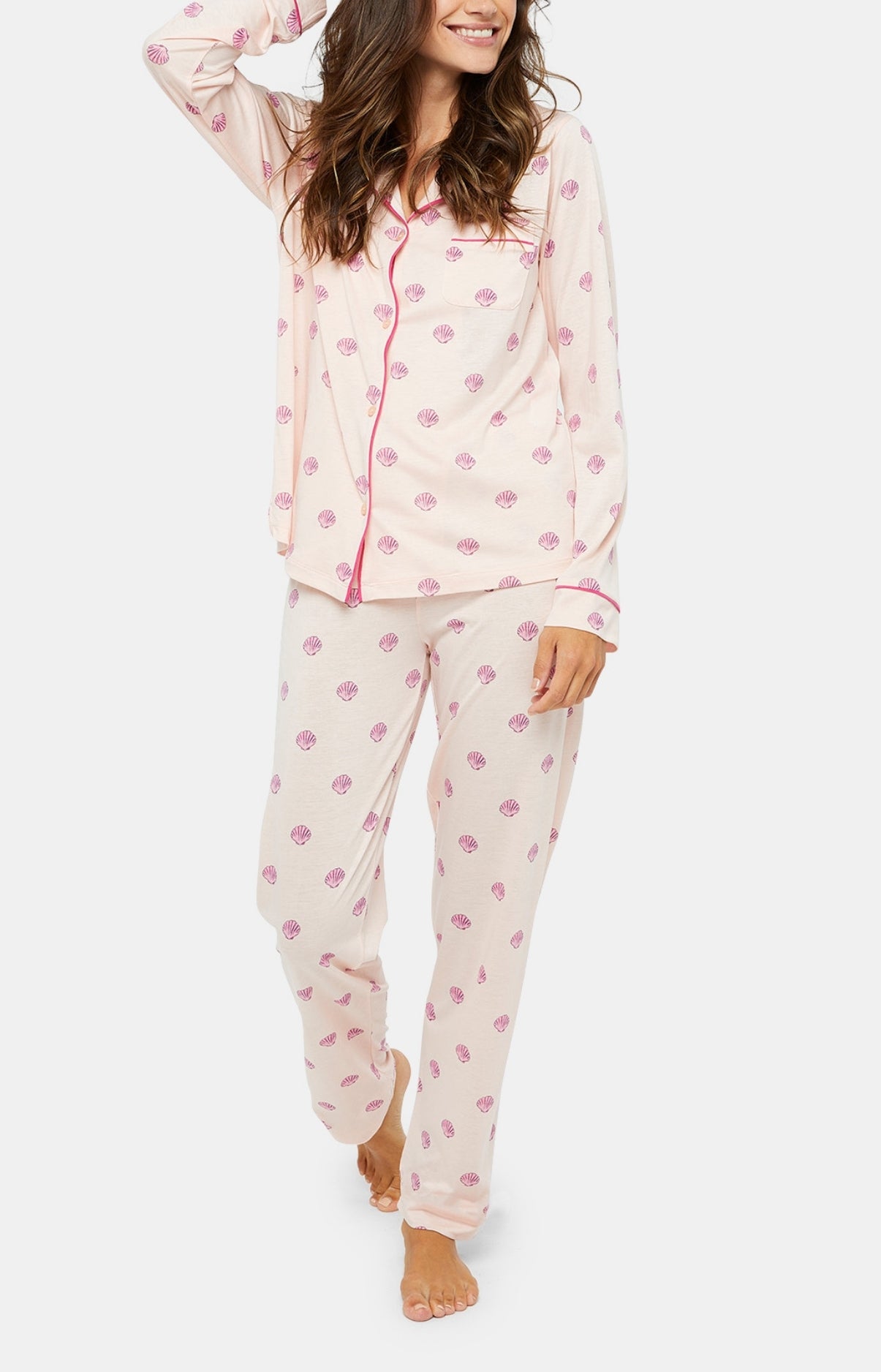 Pyjama long boutonné Femme Coquillage Rose 1