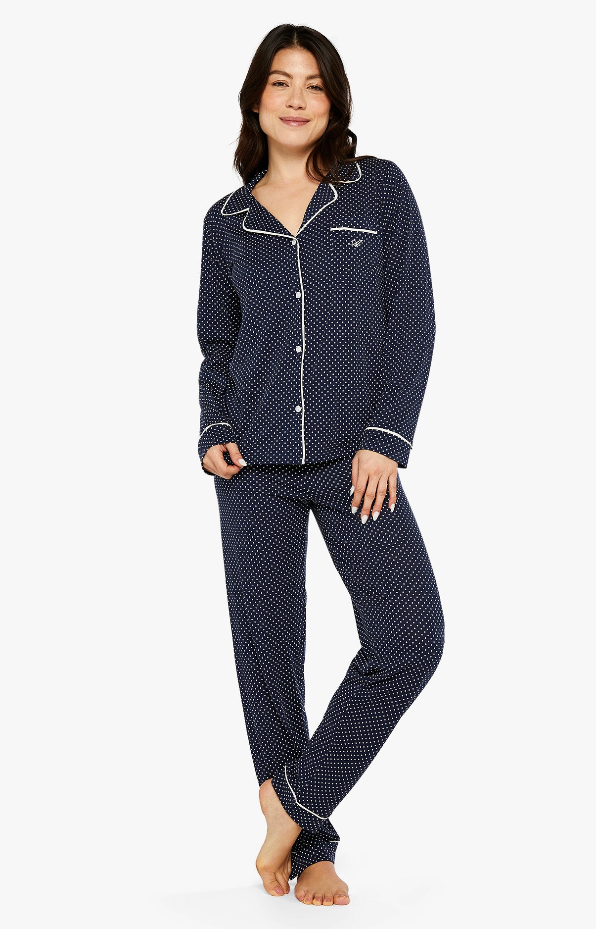 Pyjama long boutonné Femme pois Tradi Marine 2