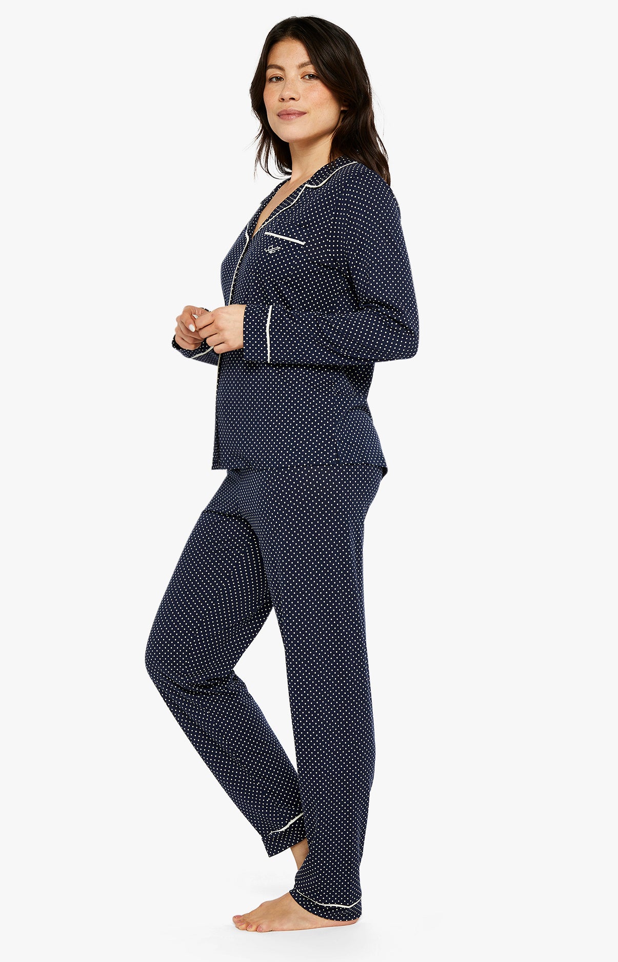 Pyjama long boutonné Femme pois Tradi Marine 5