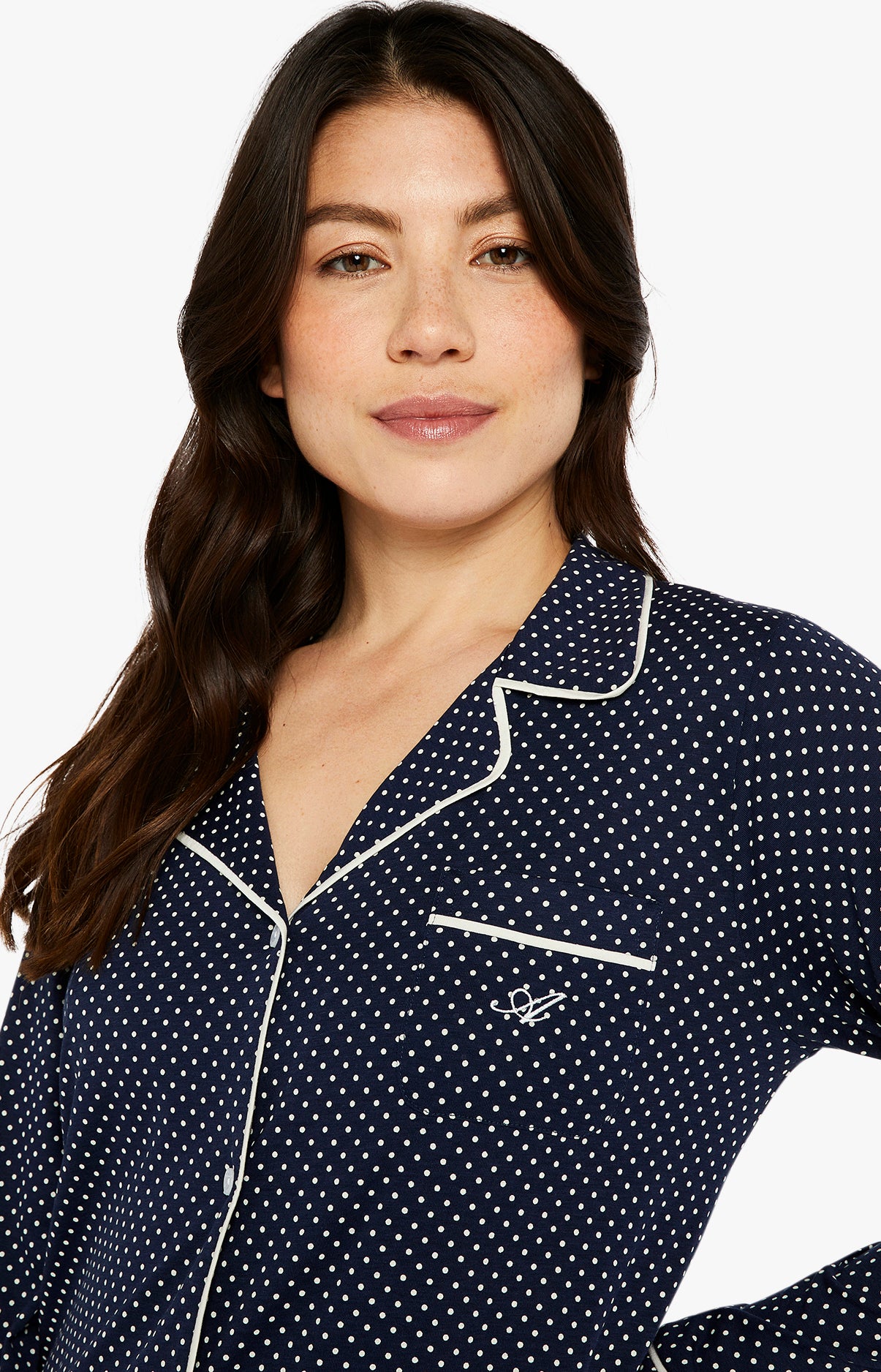 Pyjama long boutonné Femme pois Tradi Marine 4