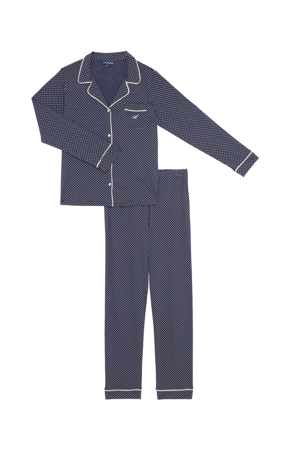 Pyjama long boutonné à pois bleu marine femme 3