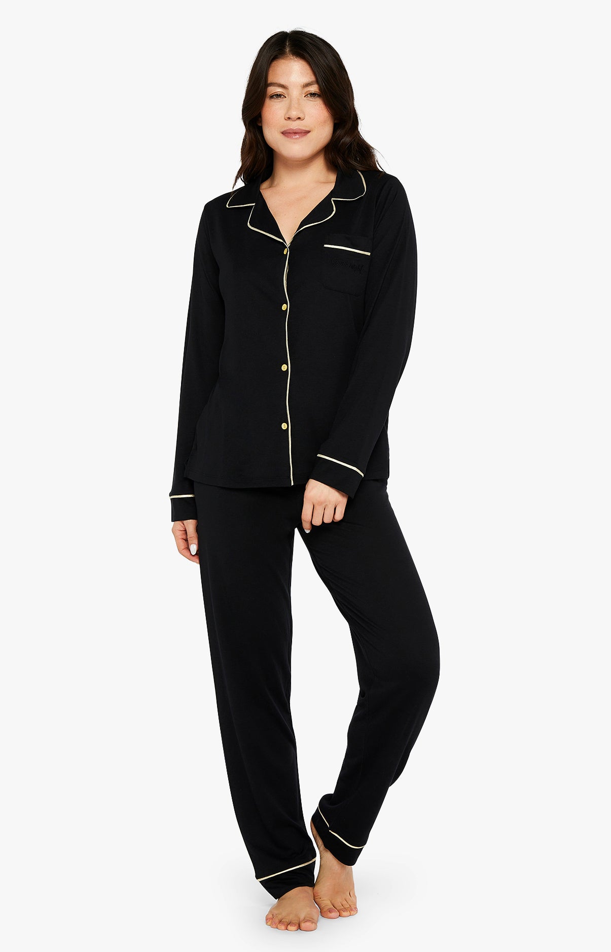 Pyjama long boutonné Femme Tradi Noir 1