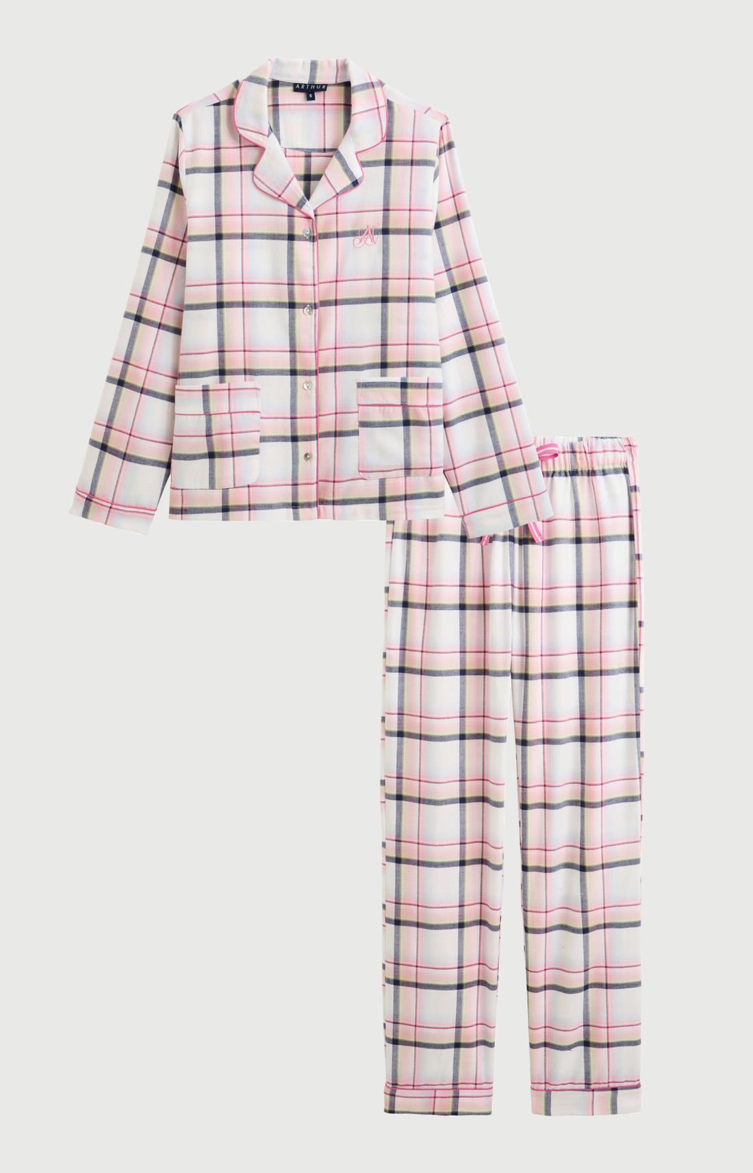Pyjama chaud femme boutonné à carreaux rose 3