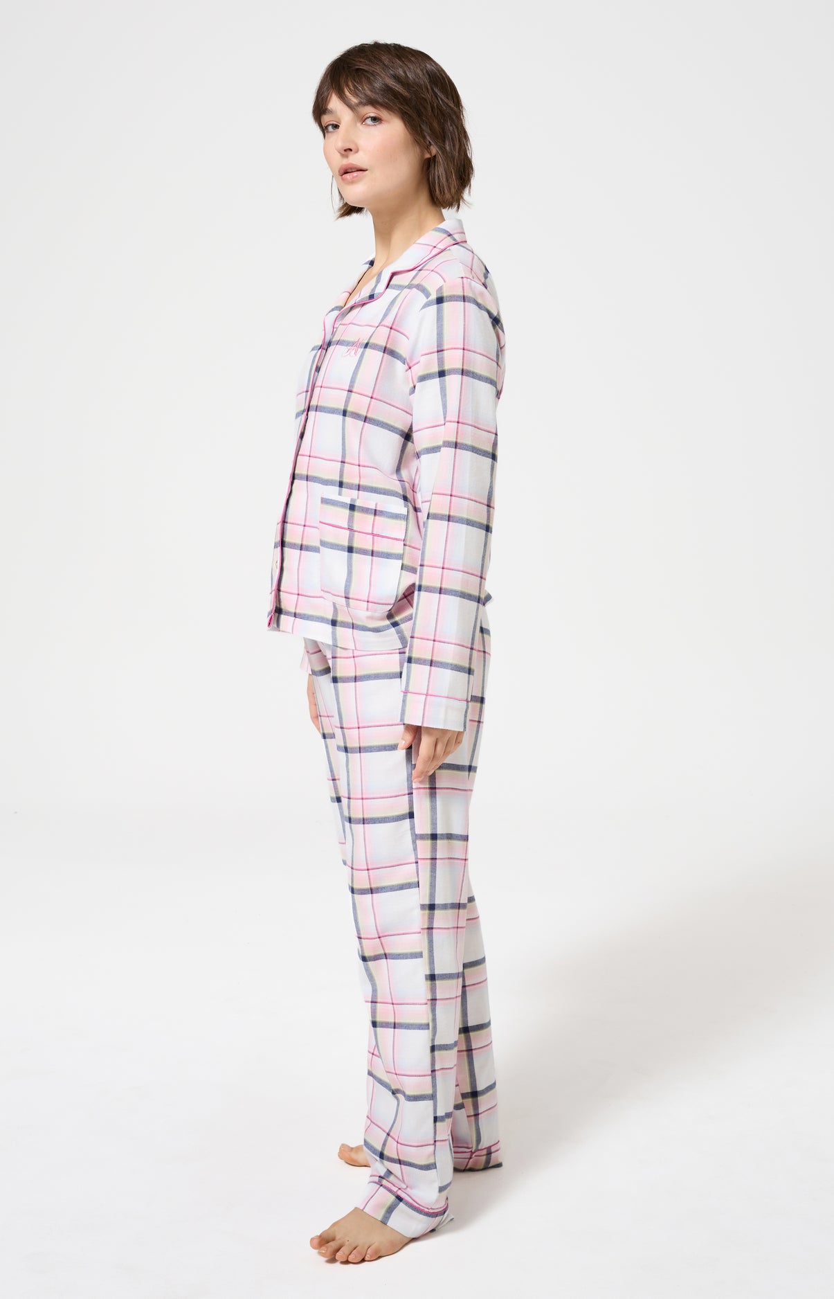 Pyjama chaud femme boutonné à carreaux rose 4