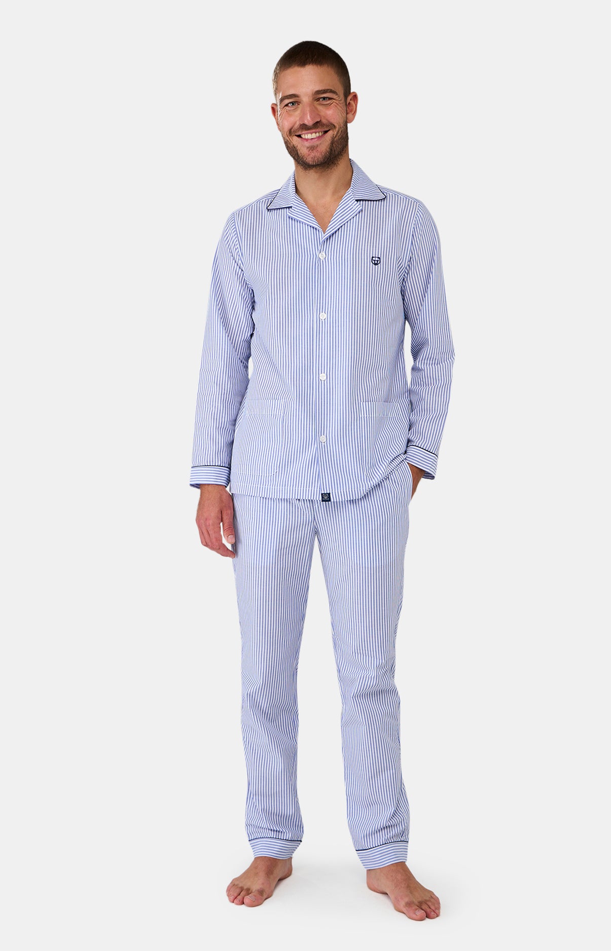 Pyjama long boutonné Homme Rayure Marine et Bleu 4