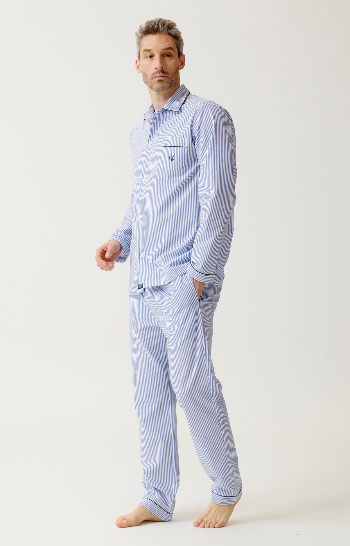 Pyjama boutonné en popeline de coton - Rayure Bleue