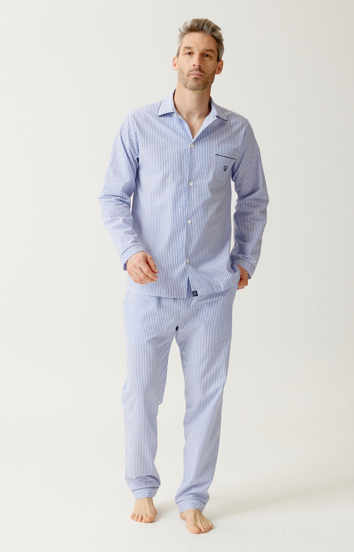 Pyjama boutonné en popeline de coton - Rayure Bleue