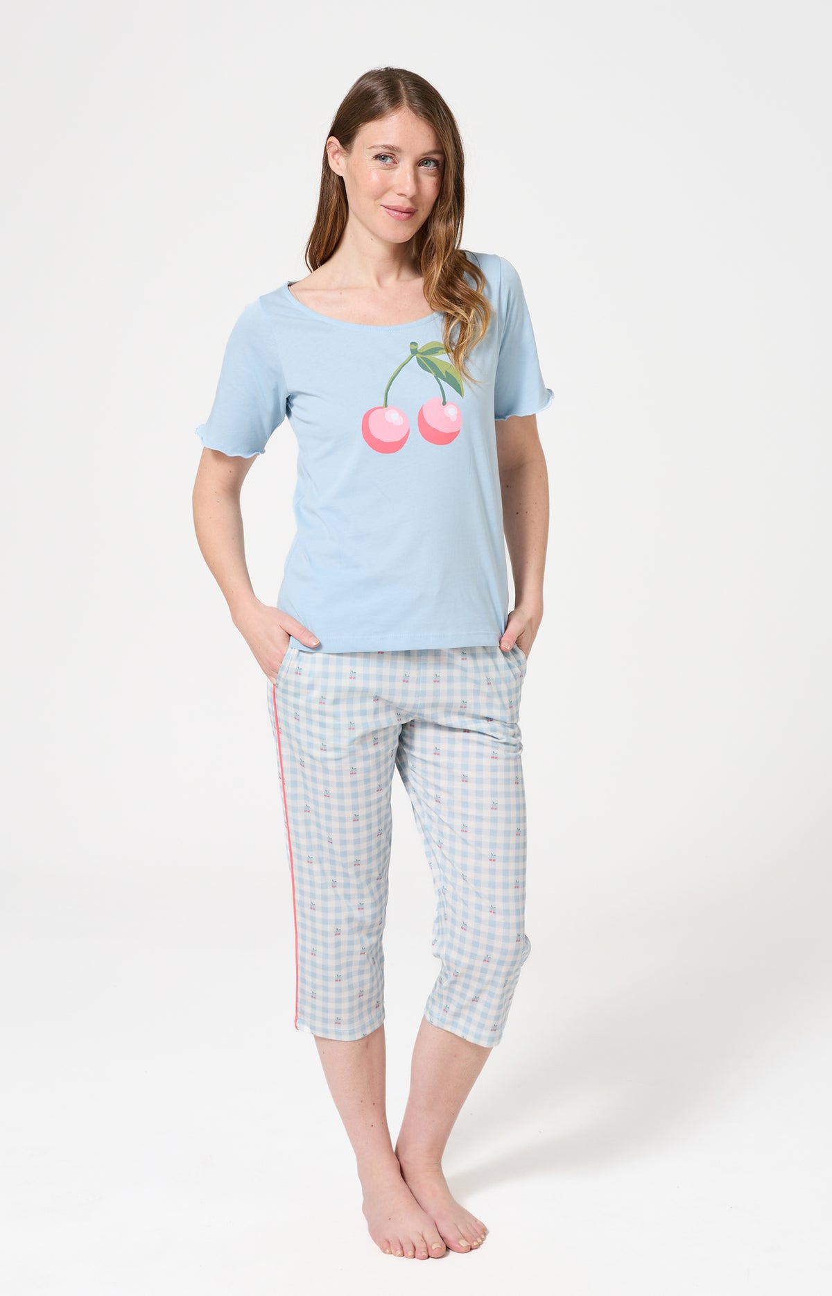 Pyjama Femme Cherry Manches courtes Imprimé cerises roses et vertes 1