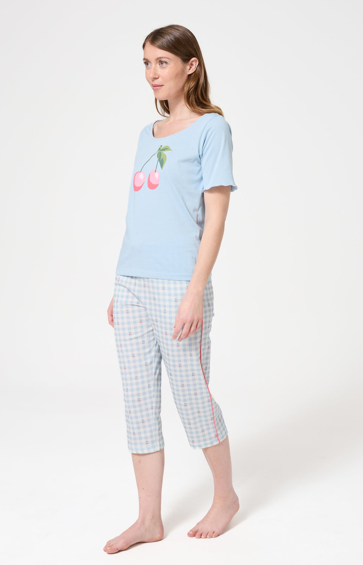 Pyjama Femme Cherry Manches courtes Imprimé cerises roses et vertes 5