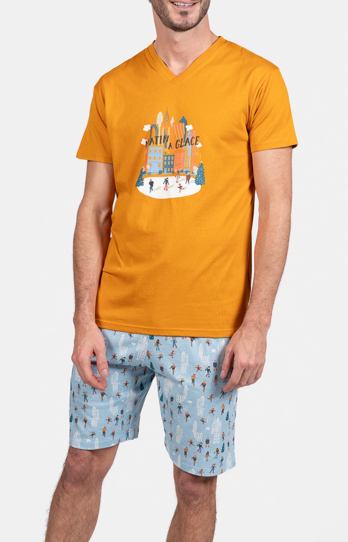 Pyjashort Homme Matin à glace Bleu et Jaune 1