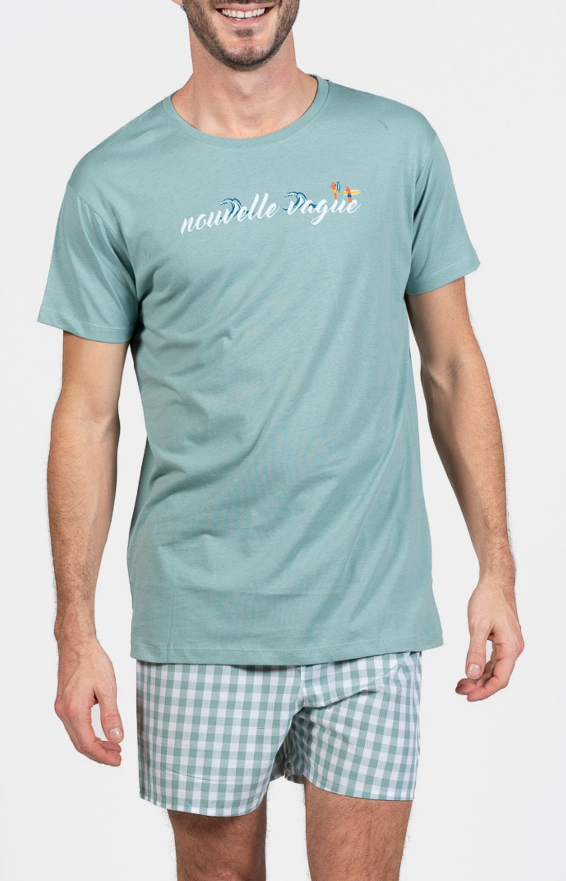 Pyjama court Pyjaméricain Homme Vichy Bleu et Vert 1