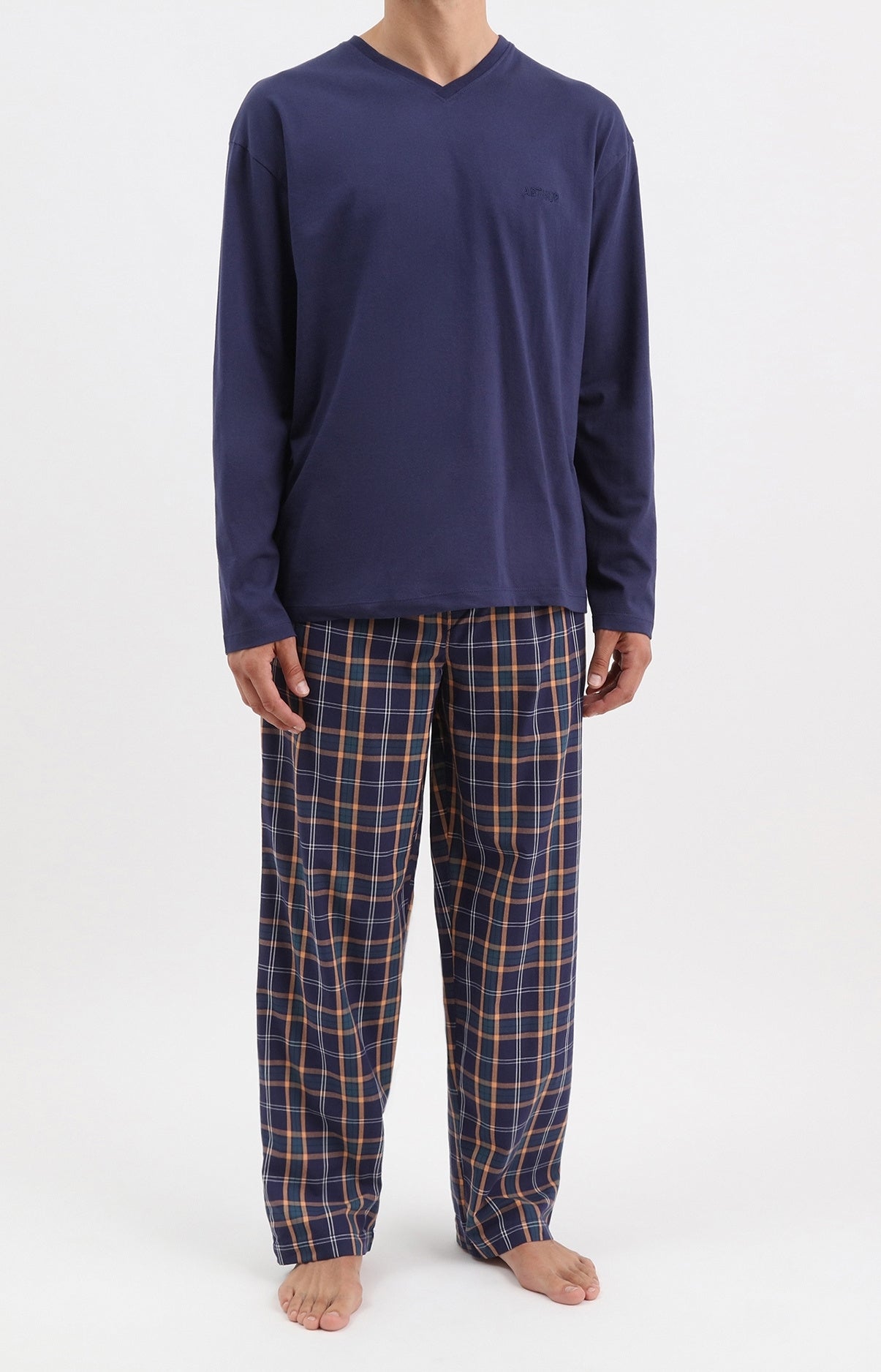Pyjama long homme bleu marine et carreaux 1
