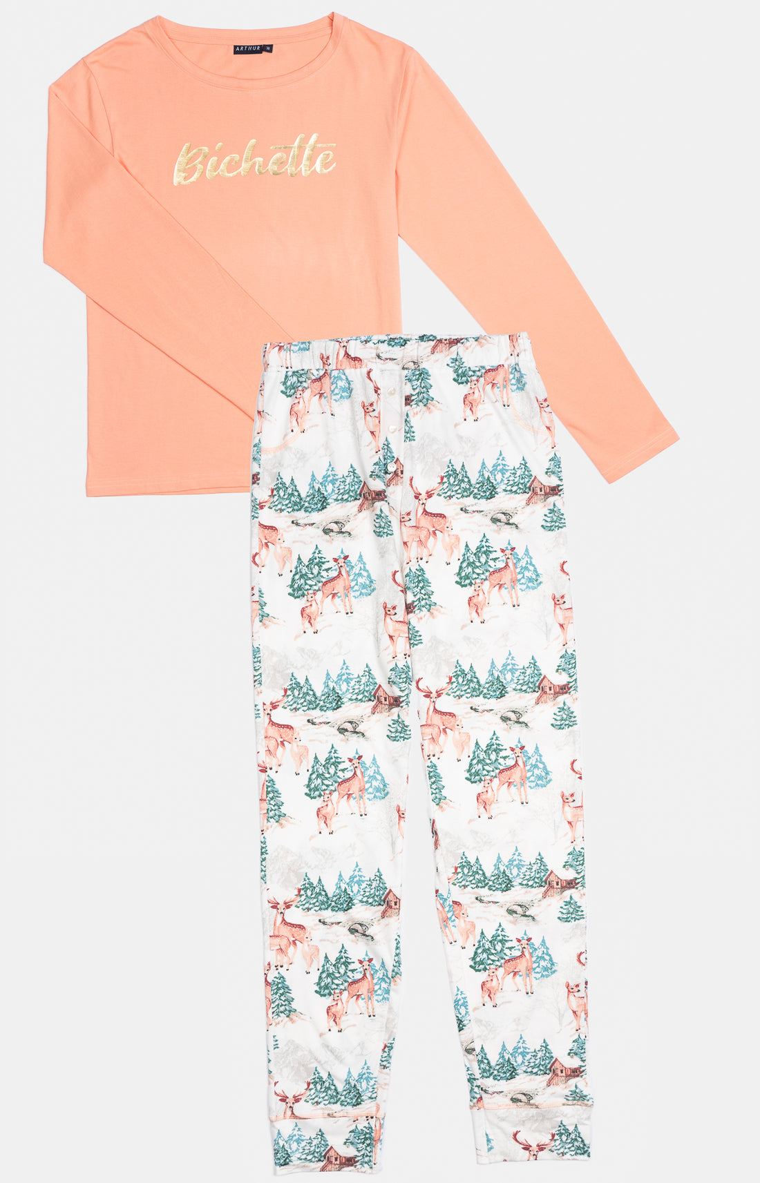 Pyjama long Femme Biche Blanc et Ivoire et Rose 3