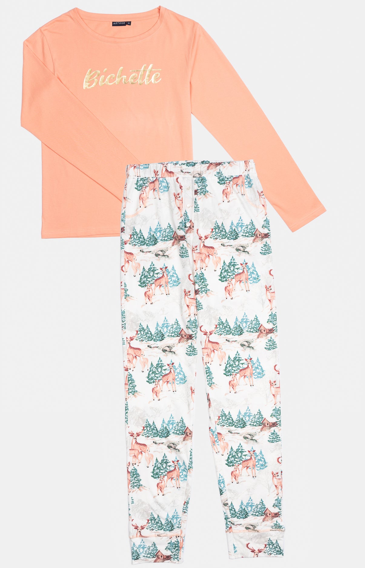 Pyjama long Femme Biche Blanc et Ivoire et Rose 3
