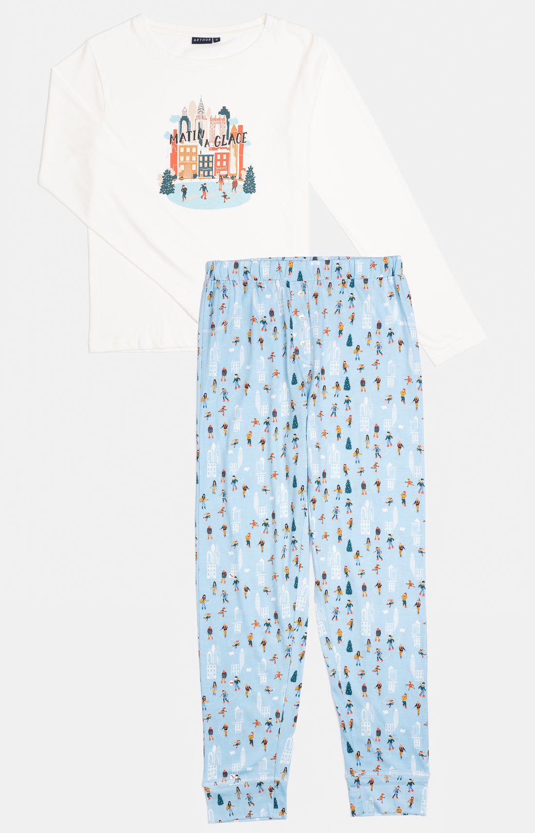 Pyjama long Femme Matin à glace Blanc et Ivoire et Bleu 3
