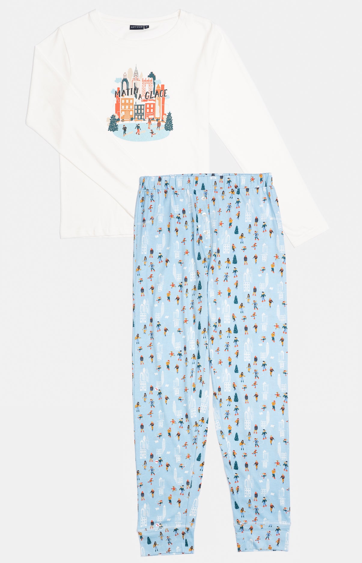 Pyjama long Femme Matin à glace Blanc et Ivoire et Bleu 3