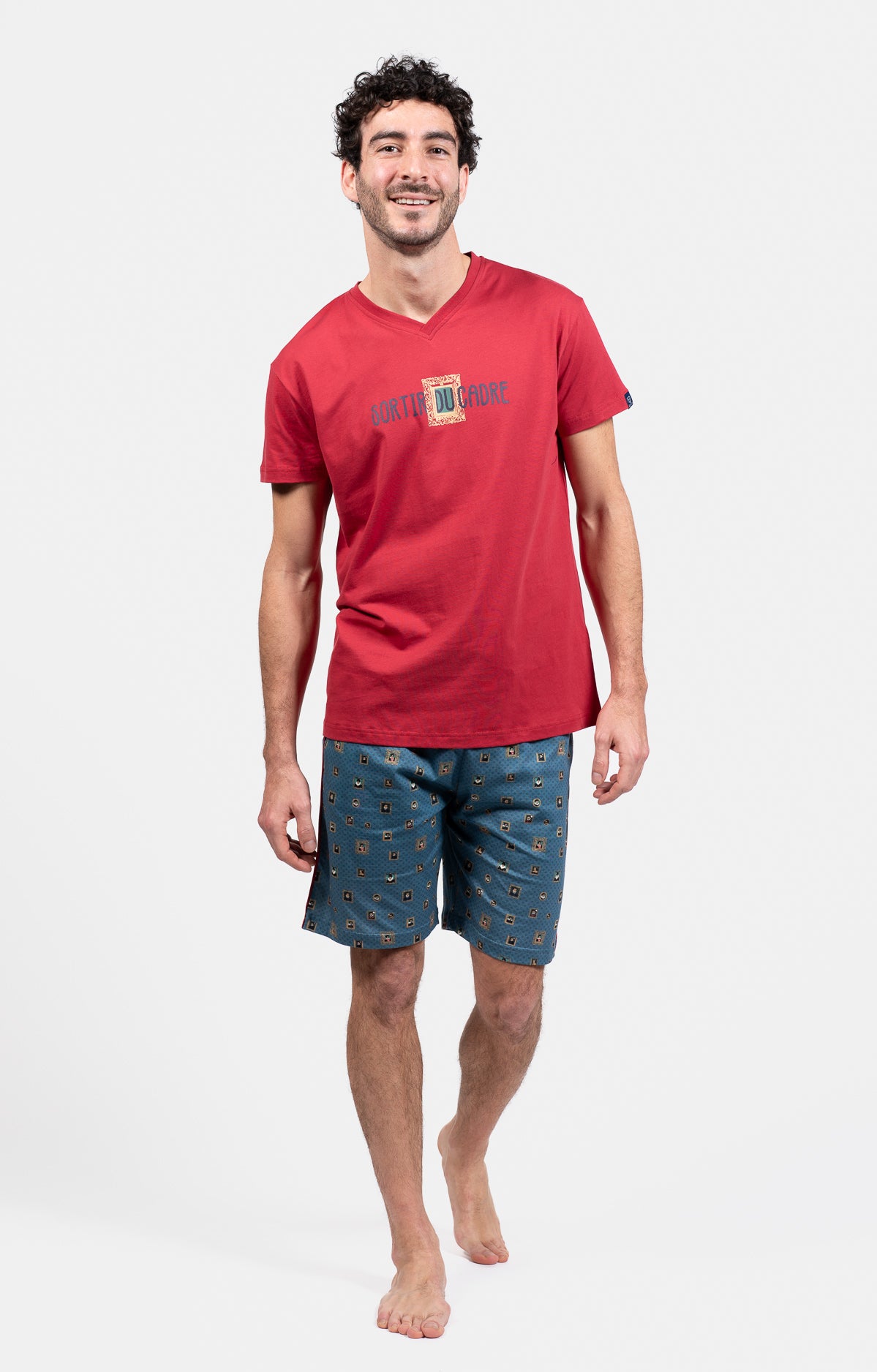 Pyjashort Homme Cadre Rouge et Bleu 1