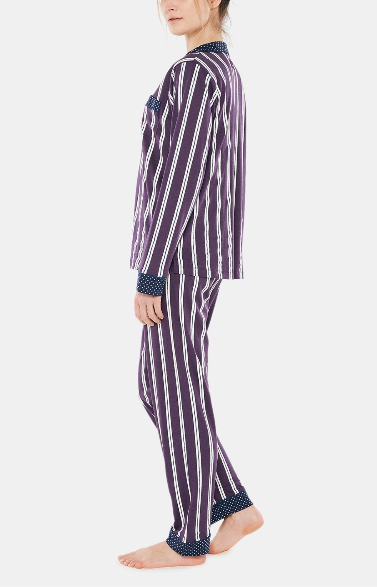 Pyjama long boutonné Femme Rayures Violet et Bordeaux 4