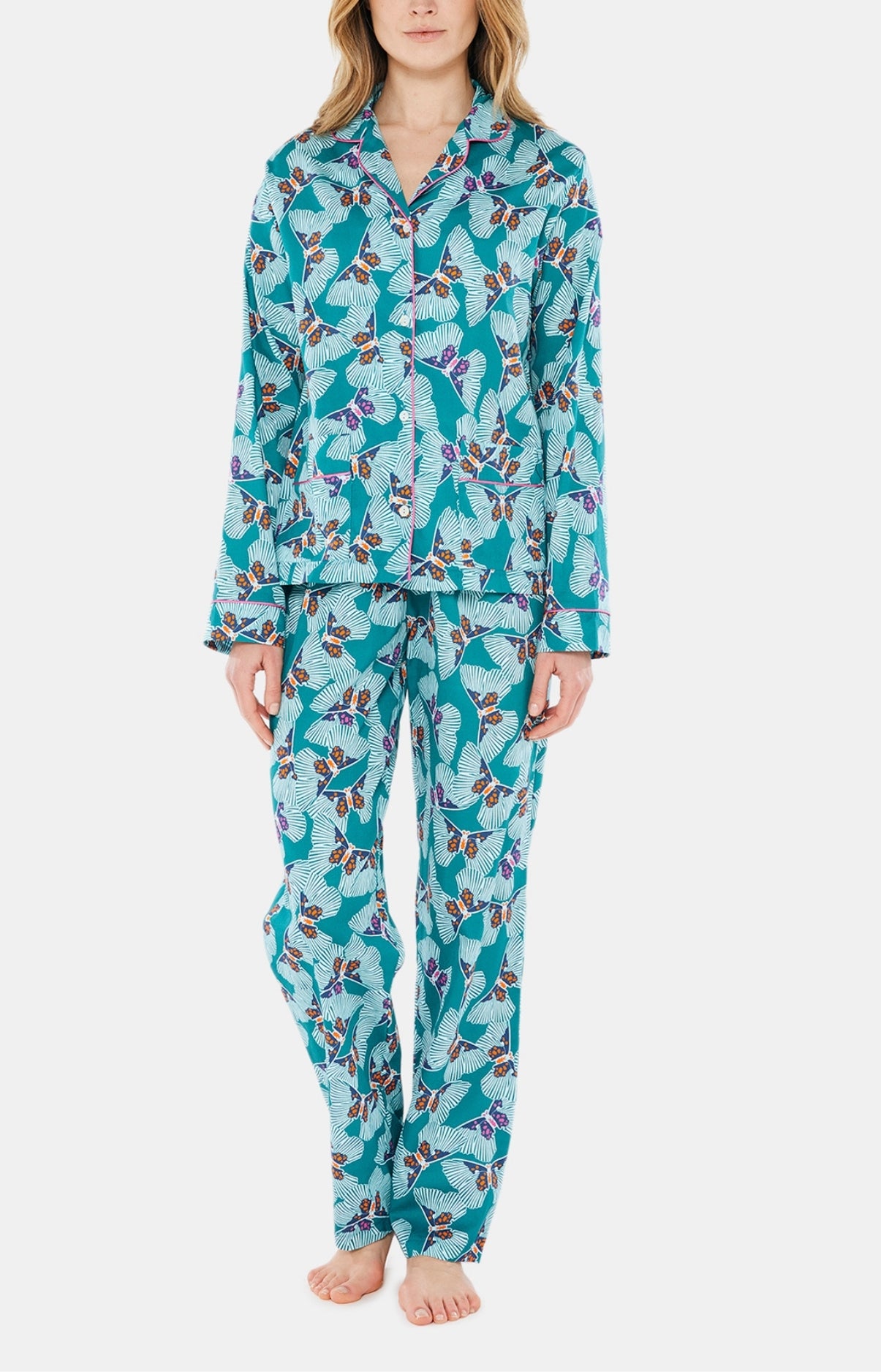 Pyjama long boutonné Femme Papillon Vert 1