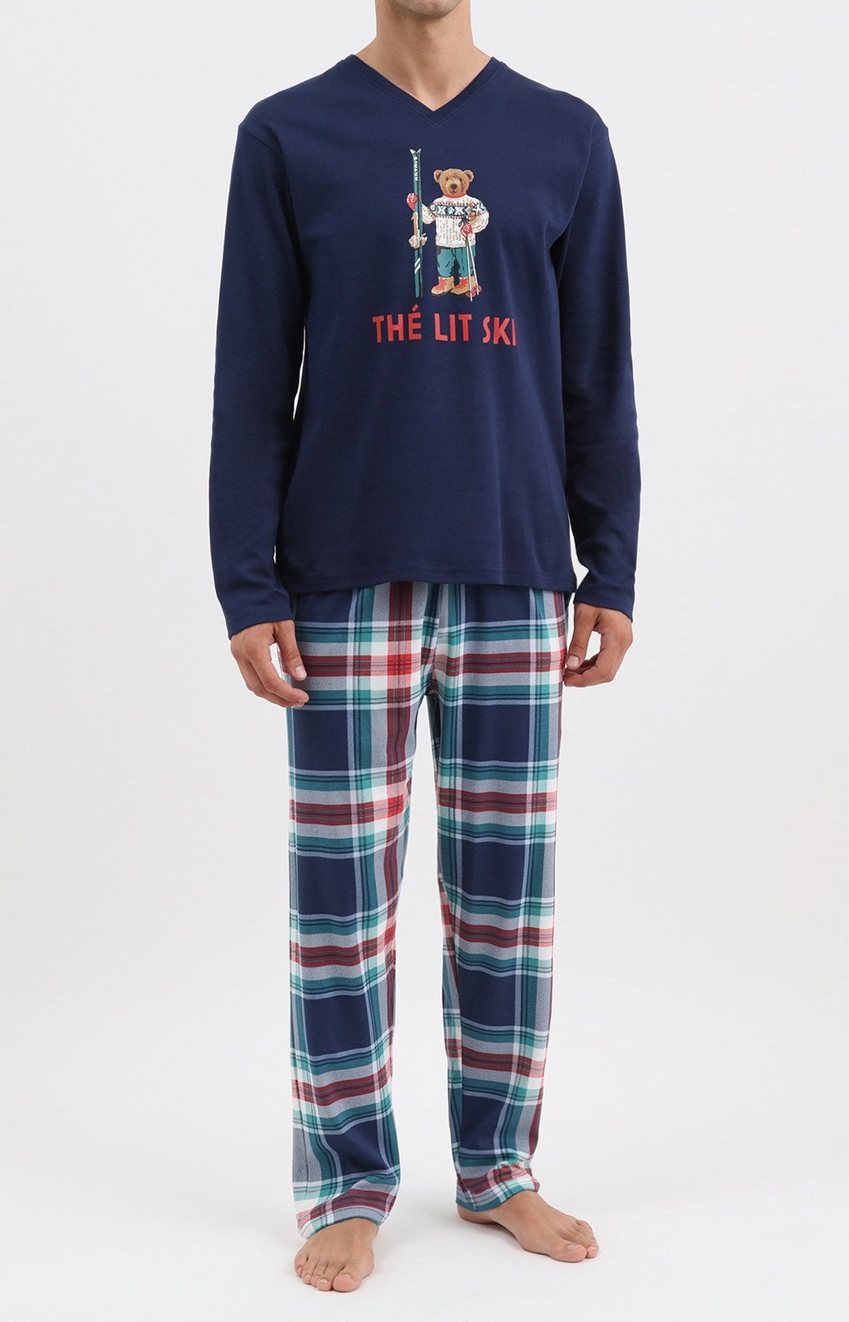 Pyjama long homme ski carreaux bleu marine 1