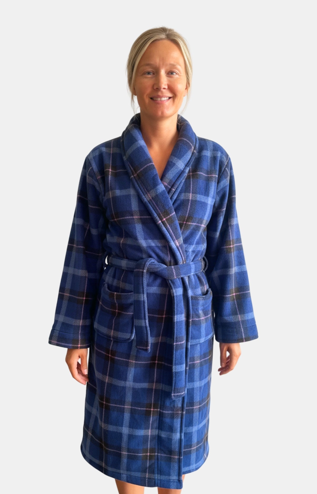 Robe de chambre polaire à carreaux marine et rose femme 2