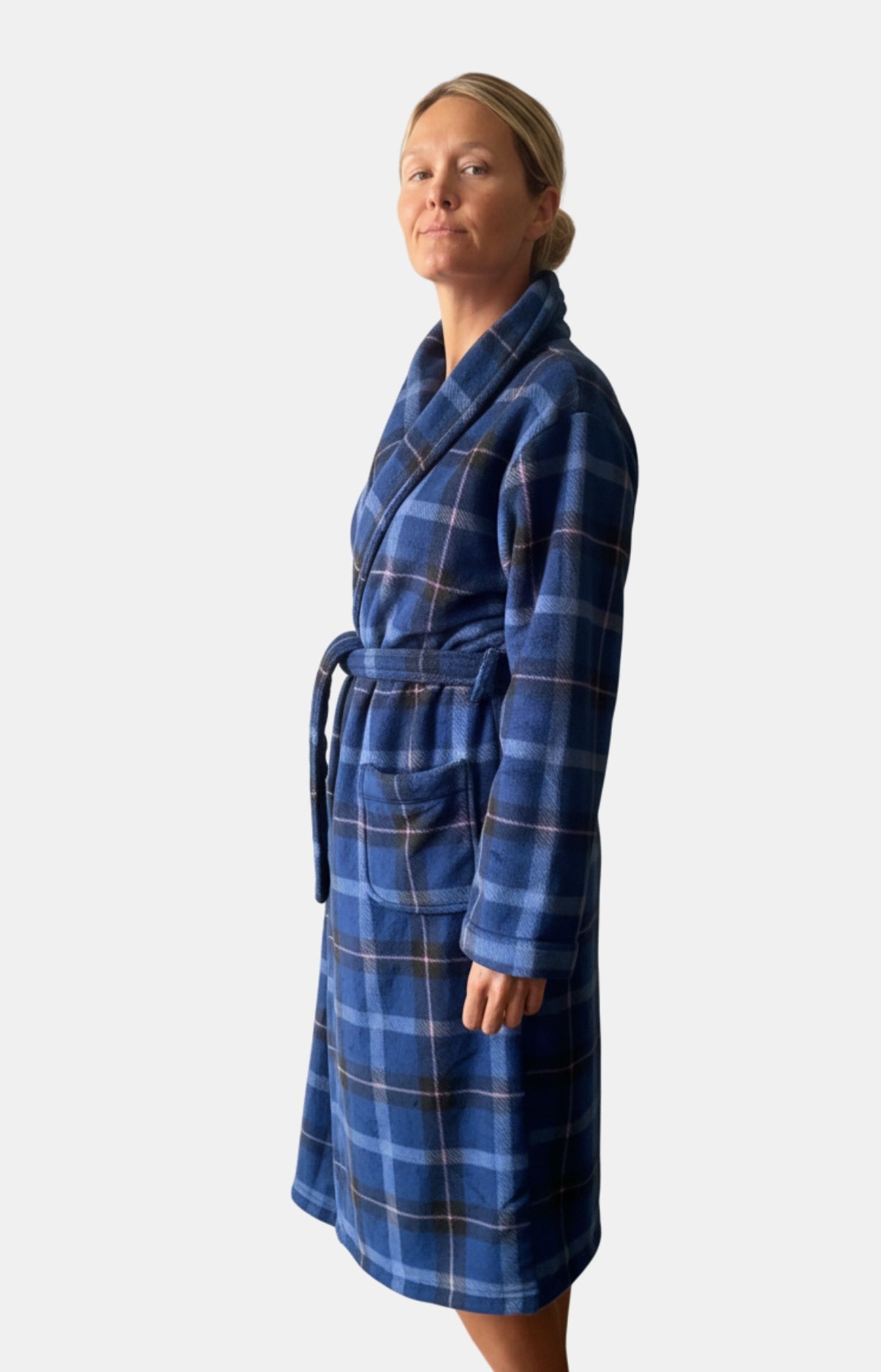 Robe de chambre polaire à carreaux marine et rose femme 5