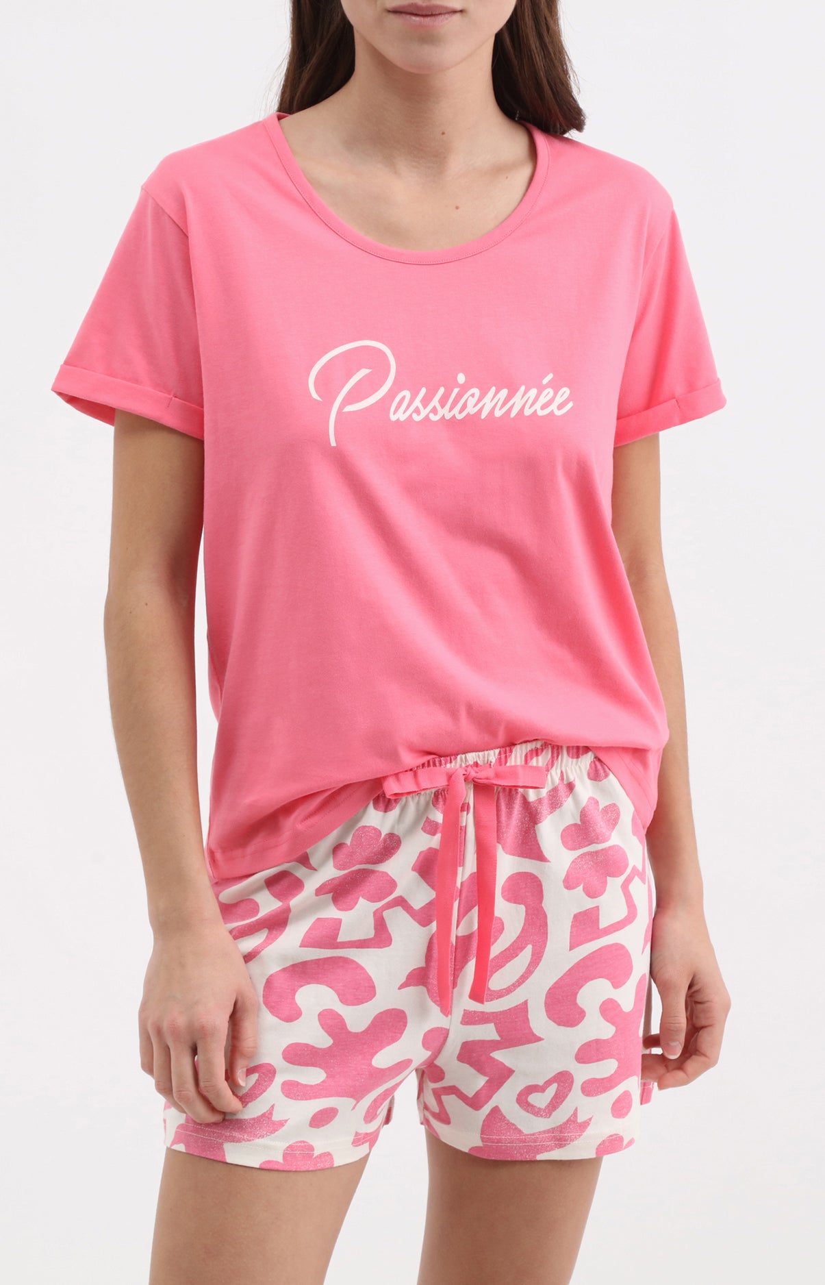 Pyjama Femme Passionnée Imprimé feuillage rose et blanc 1