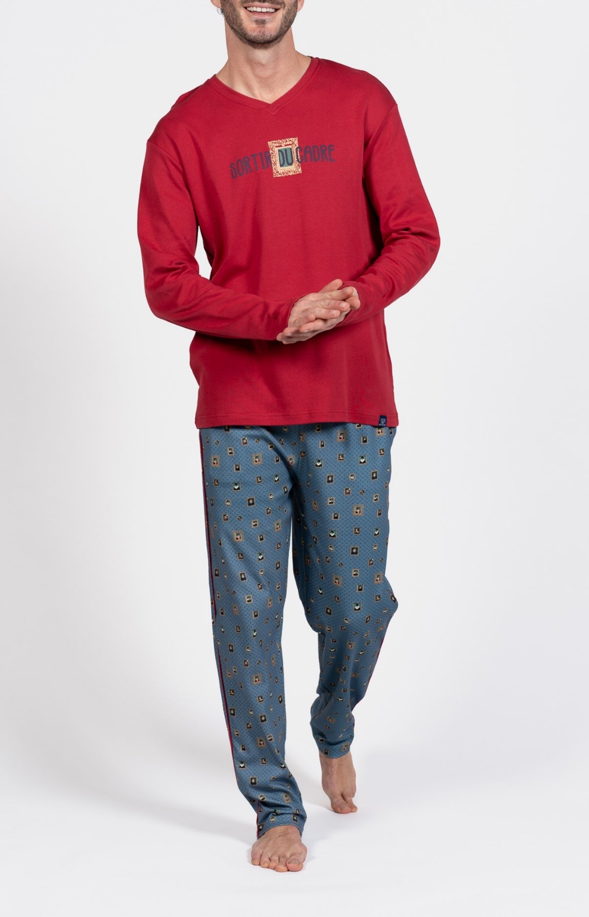 Pyjama long Homme Cadre Rouge et Bleu 1