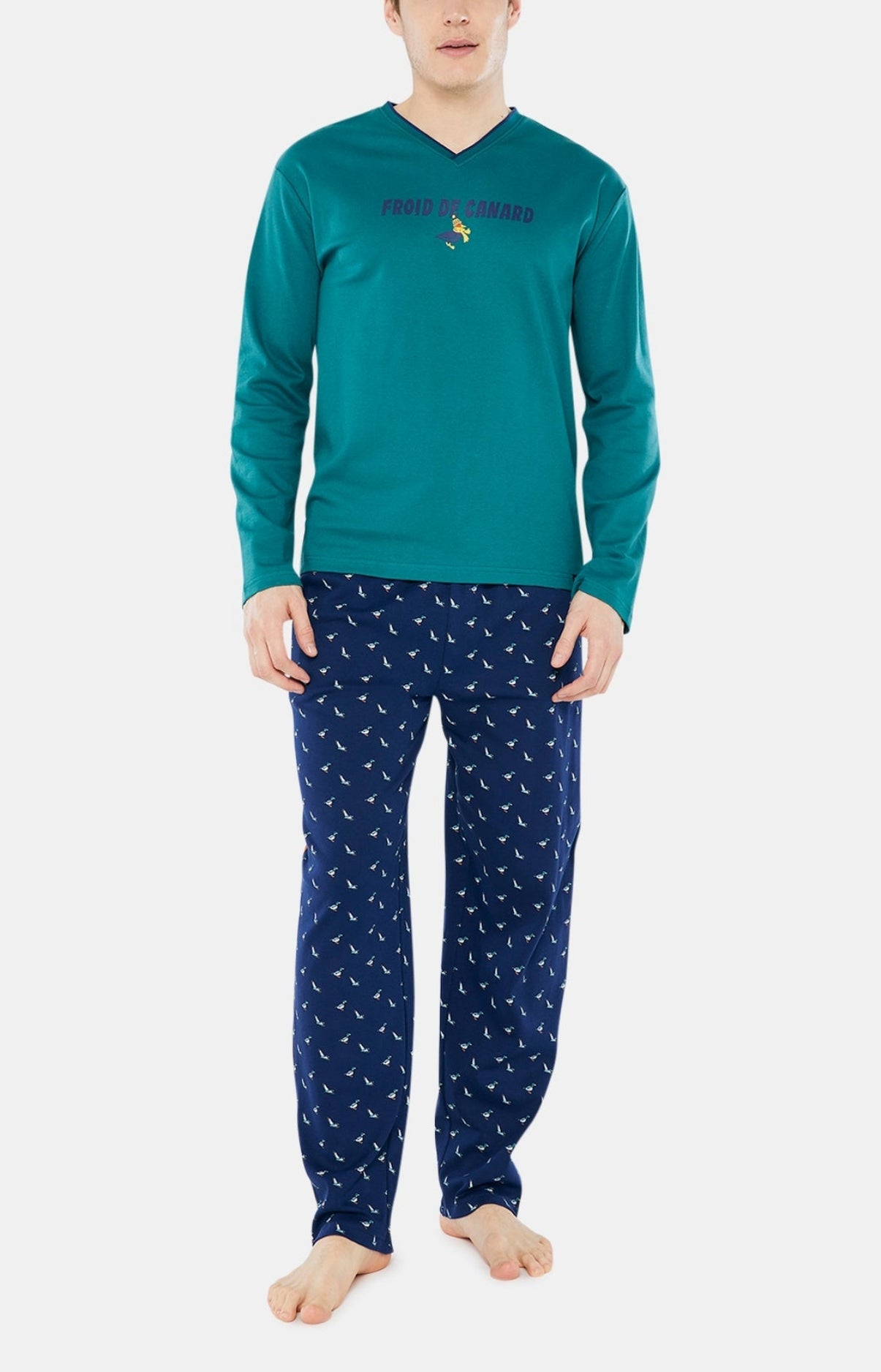 Pyjama long Homme Col Marine et Vert 1