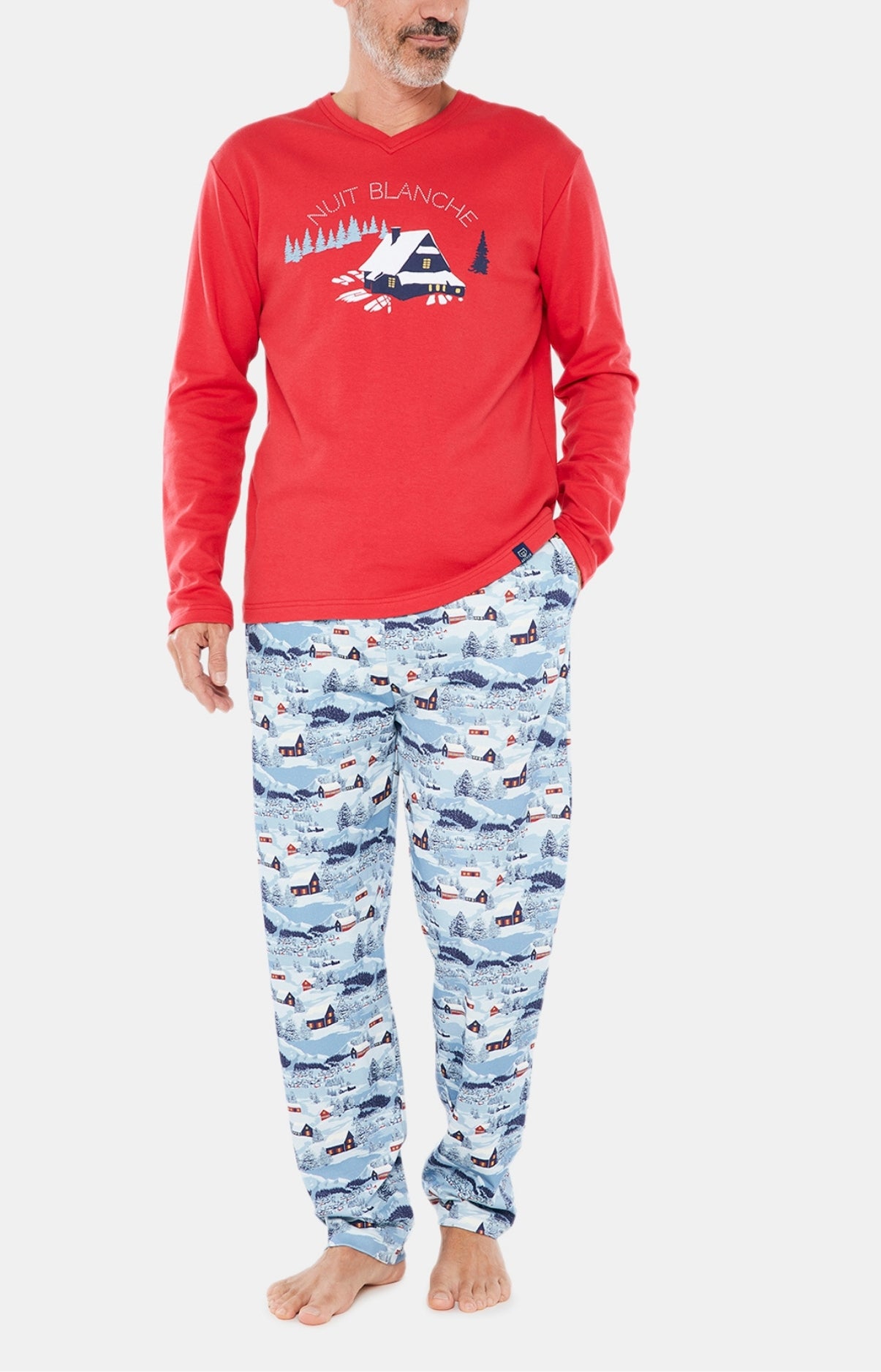 Pyjama long Homme Petits Chalets Bleu et Rouge 1