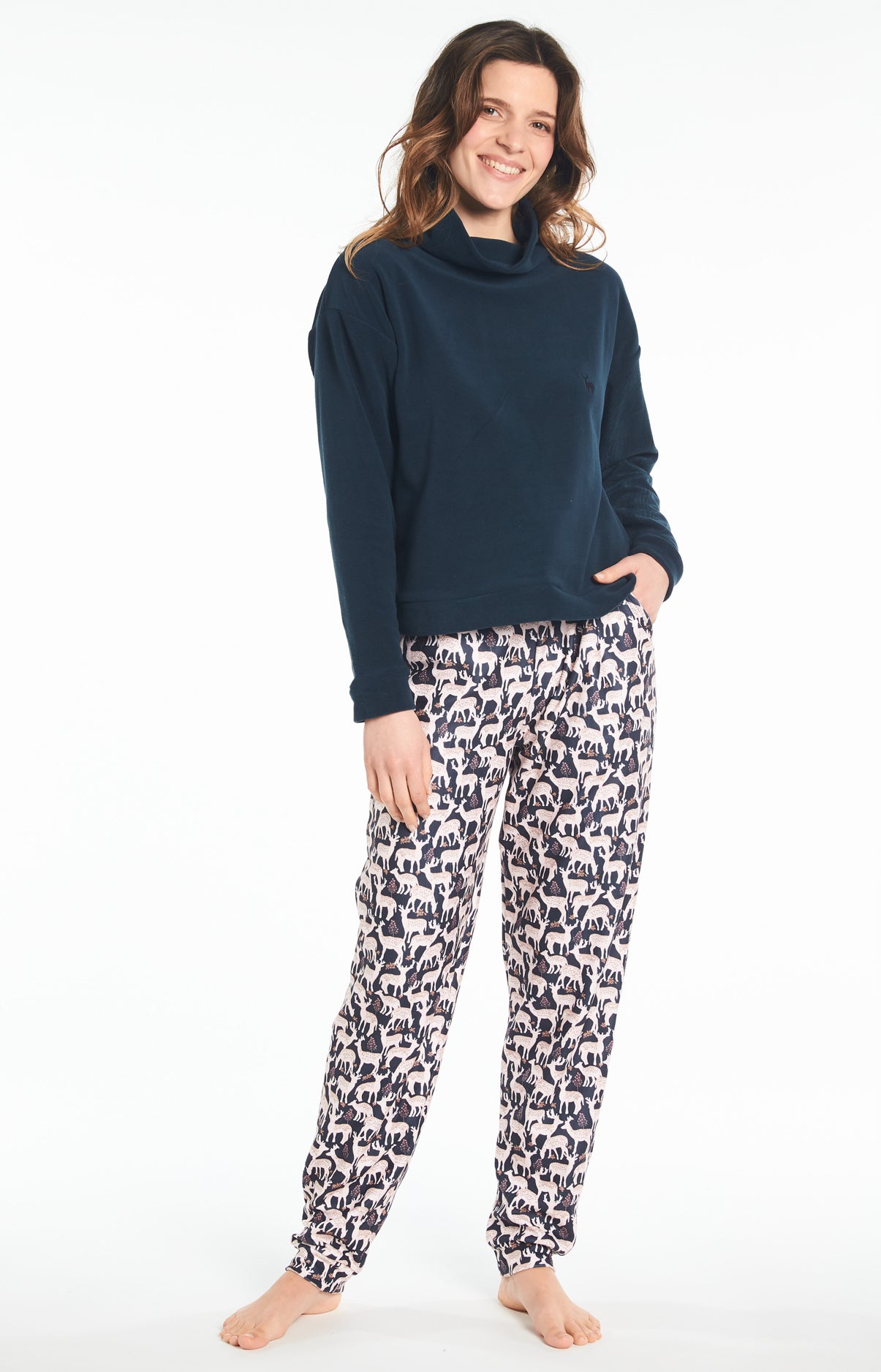Pyjama long Femme Polaire Biche Marine 4