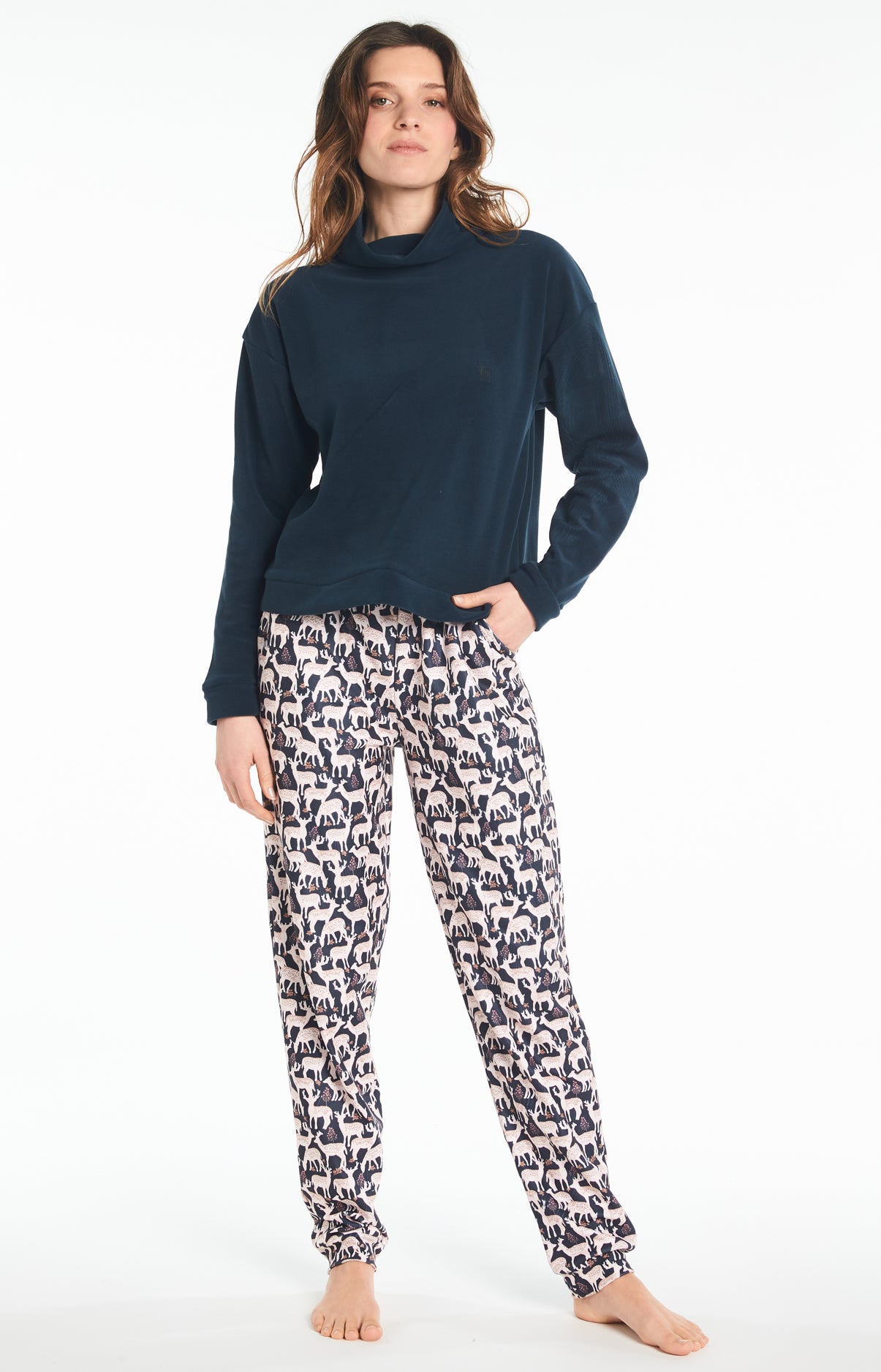 Pyjama long Femme Polaire Biche Marine 2