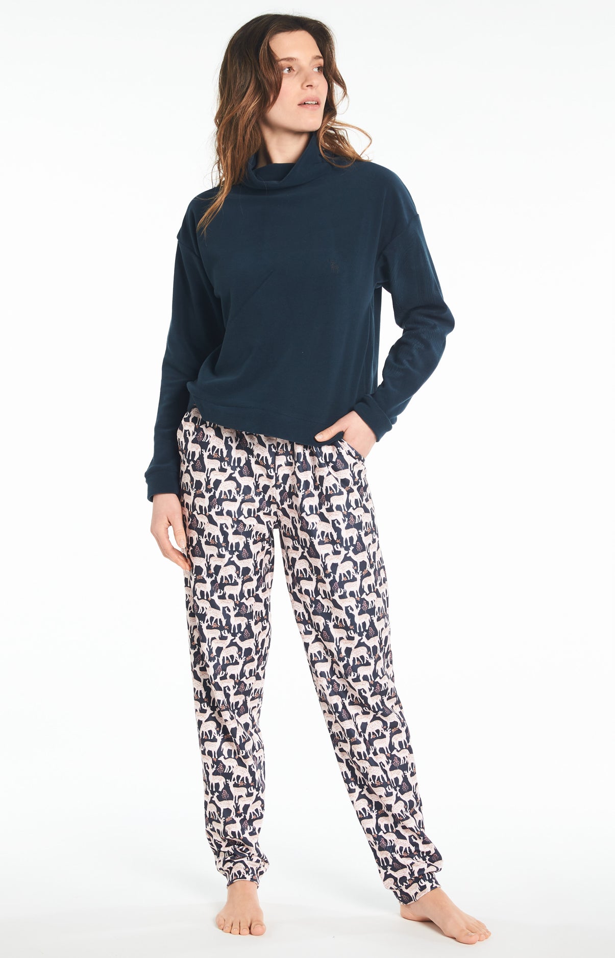 Pyjama long Femme Polaire Biche Marine 1