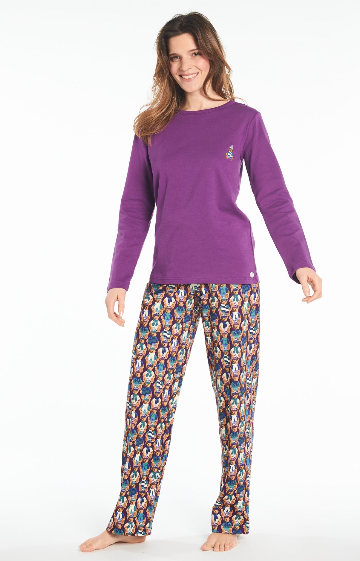 Pyjama long Femme Teddy Violet et Bordeaux 2