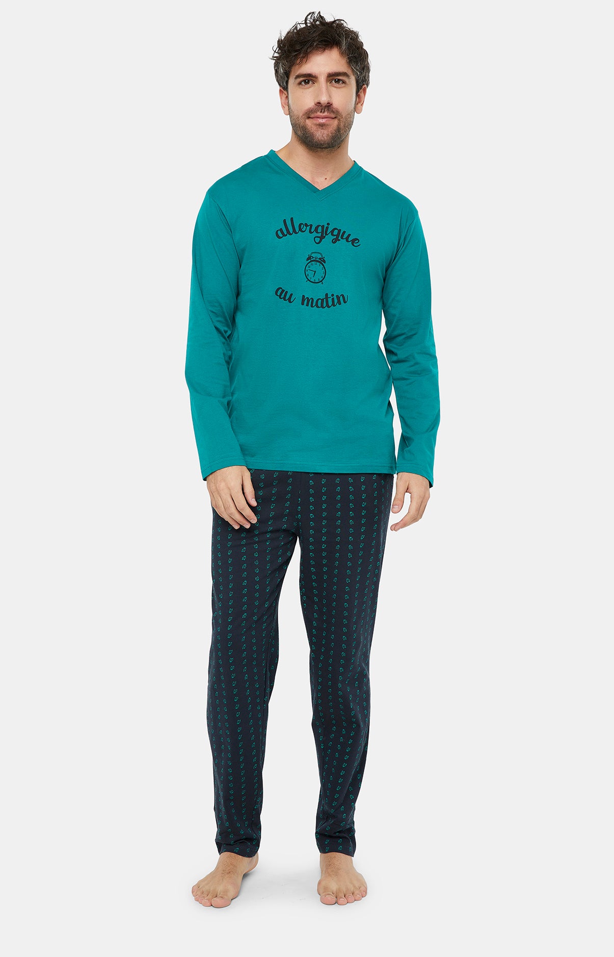 Pyjama long Homme Clock Marine et Vert 1