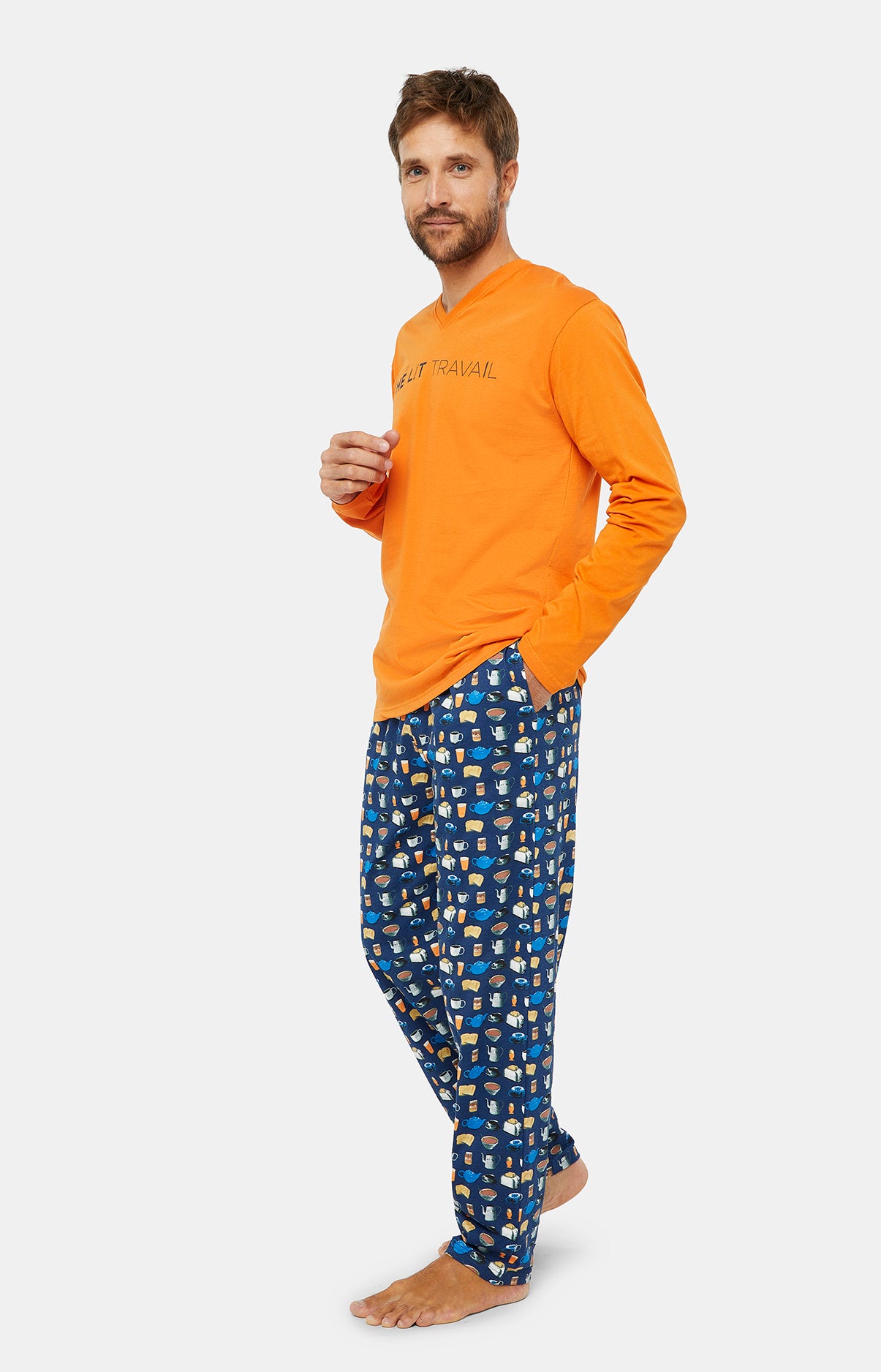 Pyjama long Homme Thé Lit Travail Marine et Orange 2