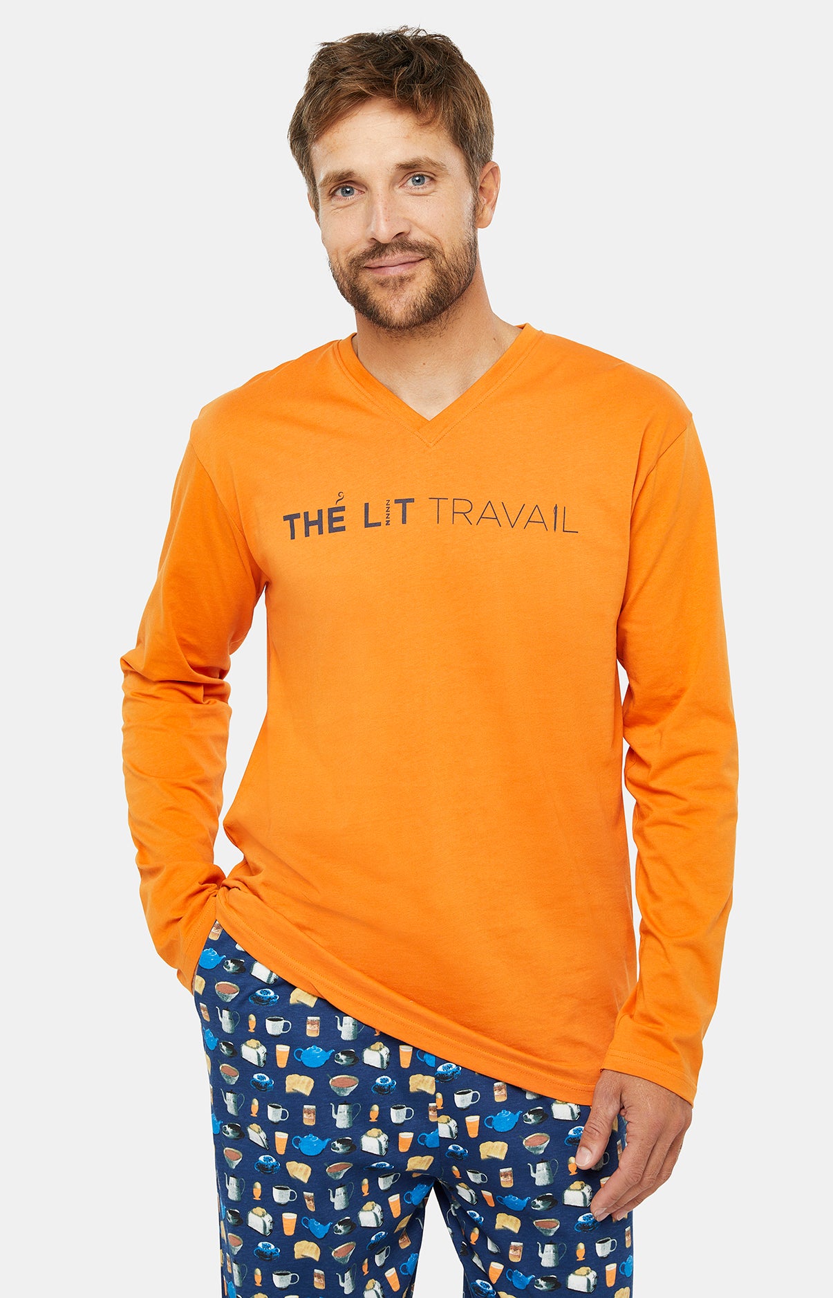 Pyjama long Homme Thé Lit Travail Marine et Orange 5