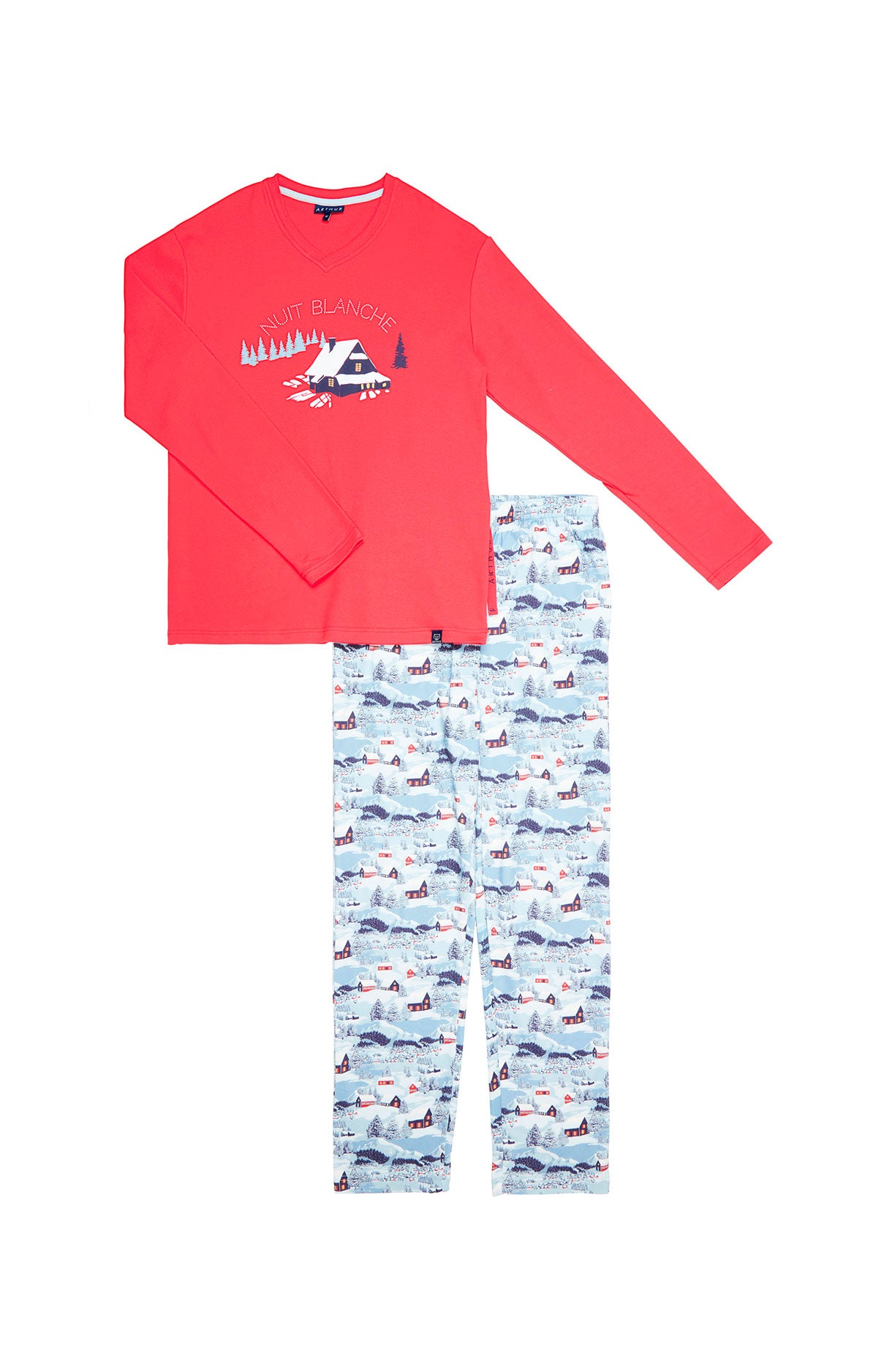 Pyjama long Homme Petits Chalets Bleu et Rouge 3
