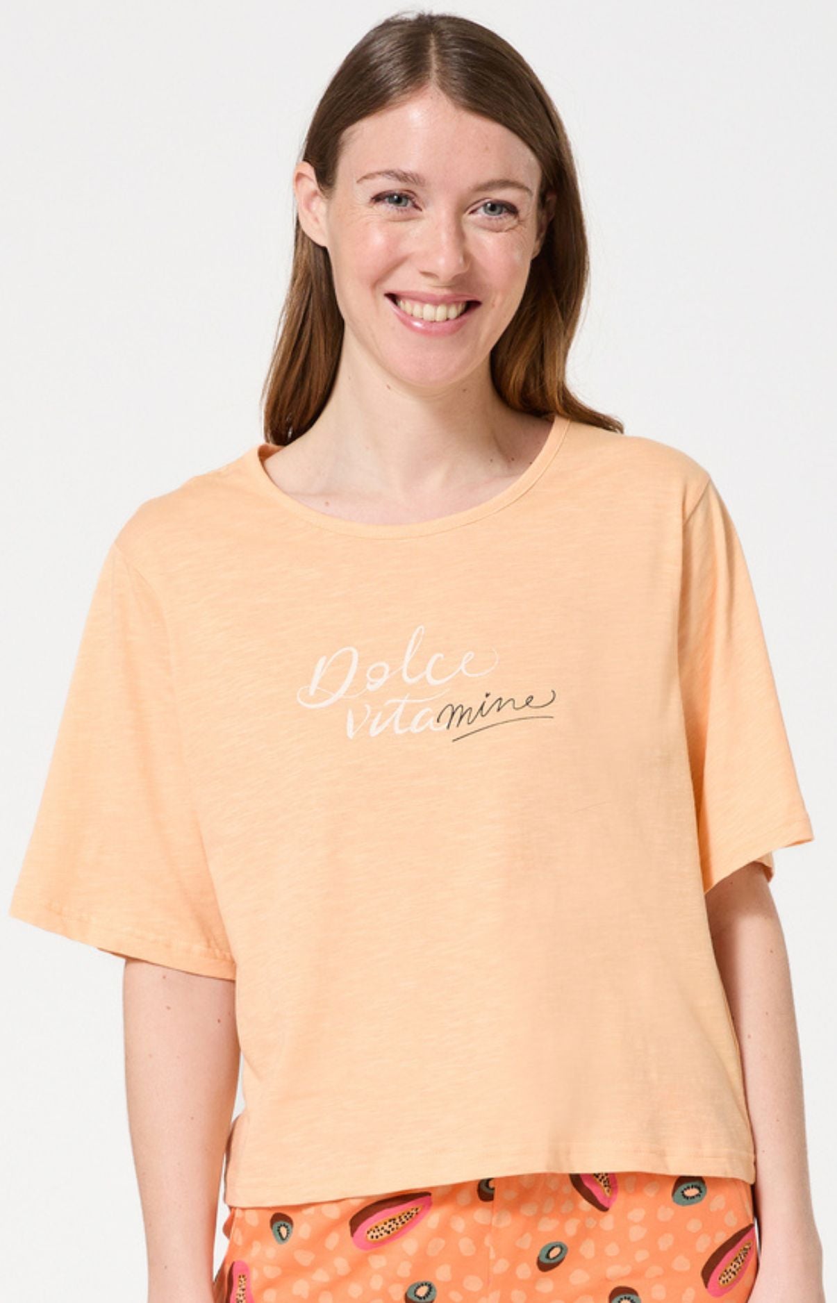 Pyjama Femme Dolce vitamines Manches courtes Imprimé papayes et kiwis oranges et verts 2