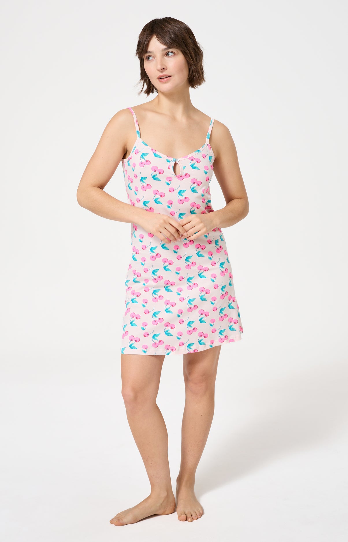 Chemise de nuit Femme Amarena Bretelles fines Imprimé cerise rose et verte 1